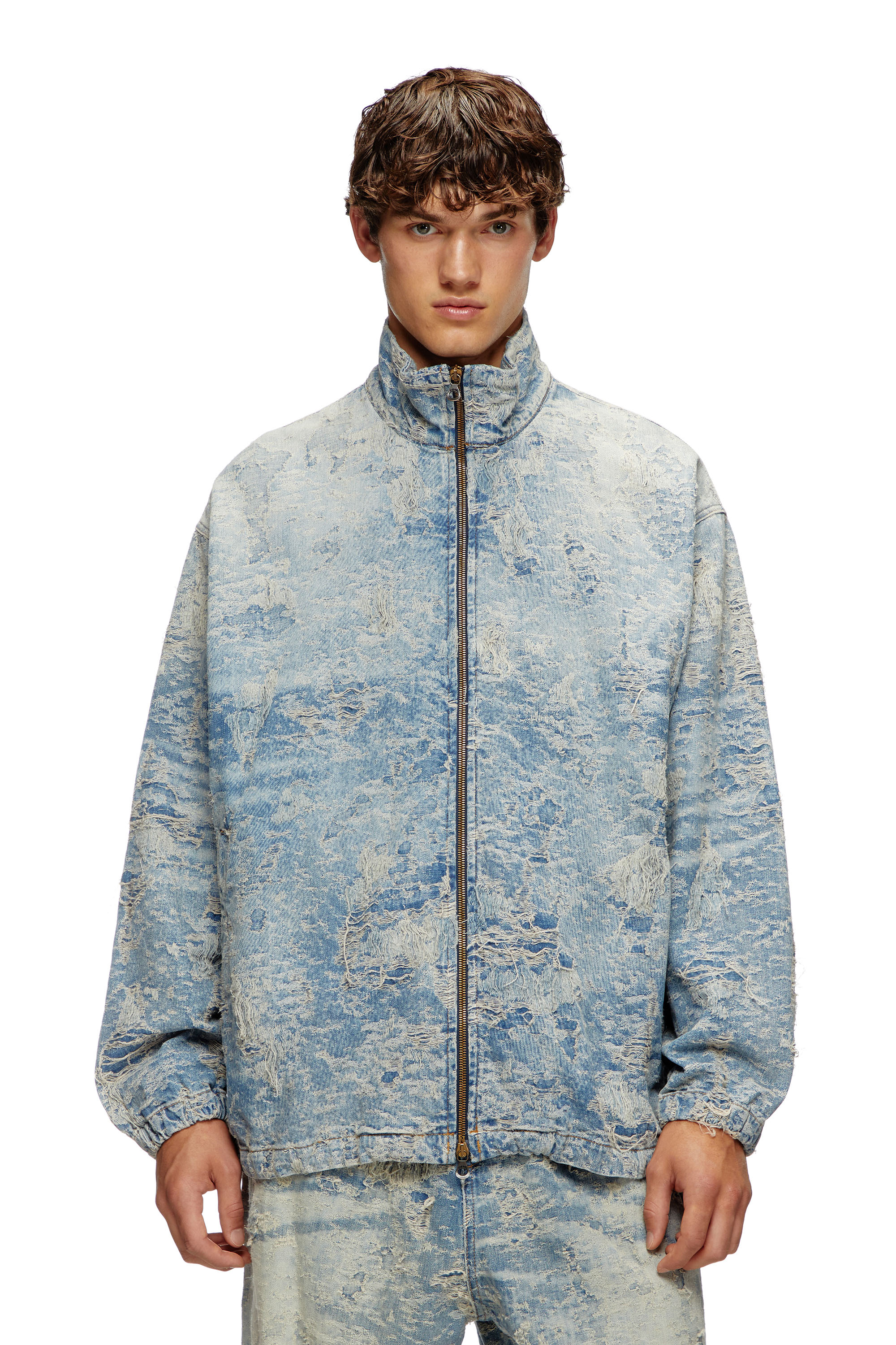 Diesel - D-KRAP-FSF, Unisex Jacke mit Reißverschluss aus Jacquard-Denim mit Schmutz-Effekt in Hellblau - 1