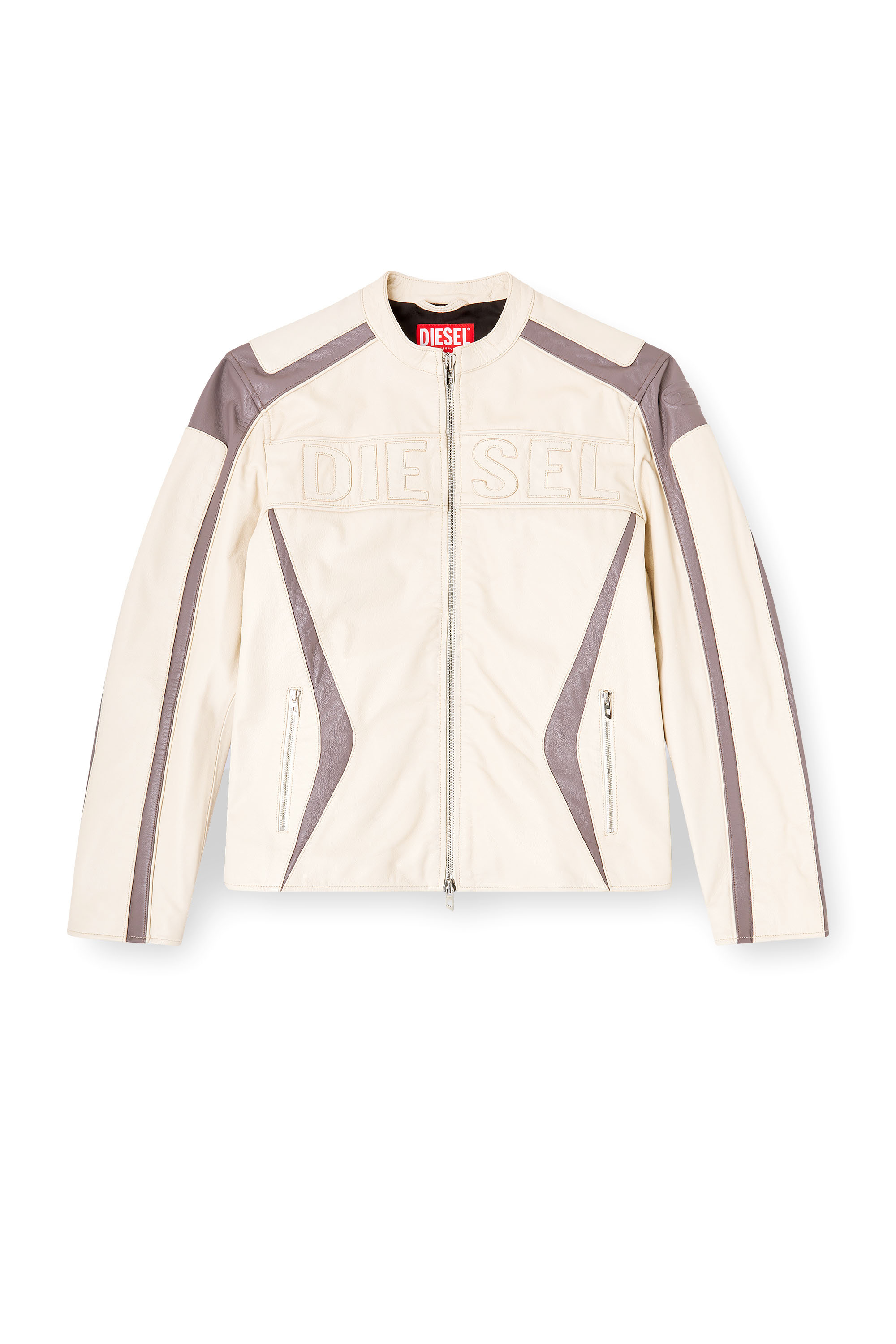 Diesel - L-ADAM, Herren Colourblock-Leder-Bikerjacke in Beige/Grau - 3