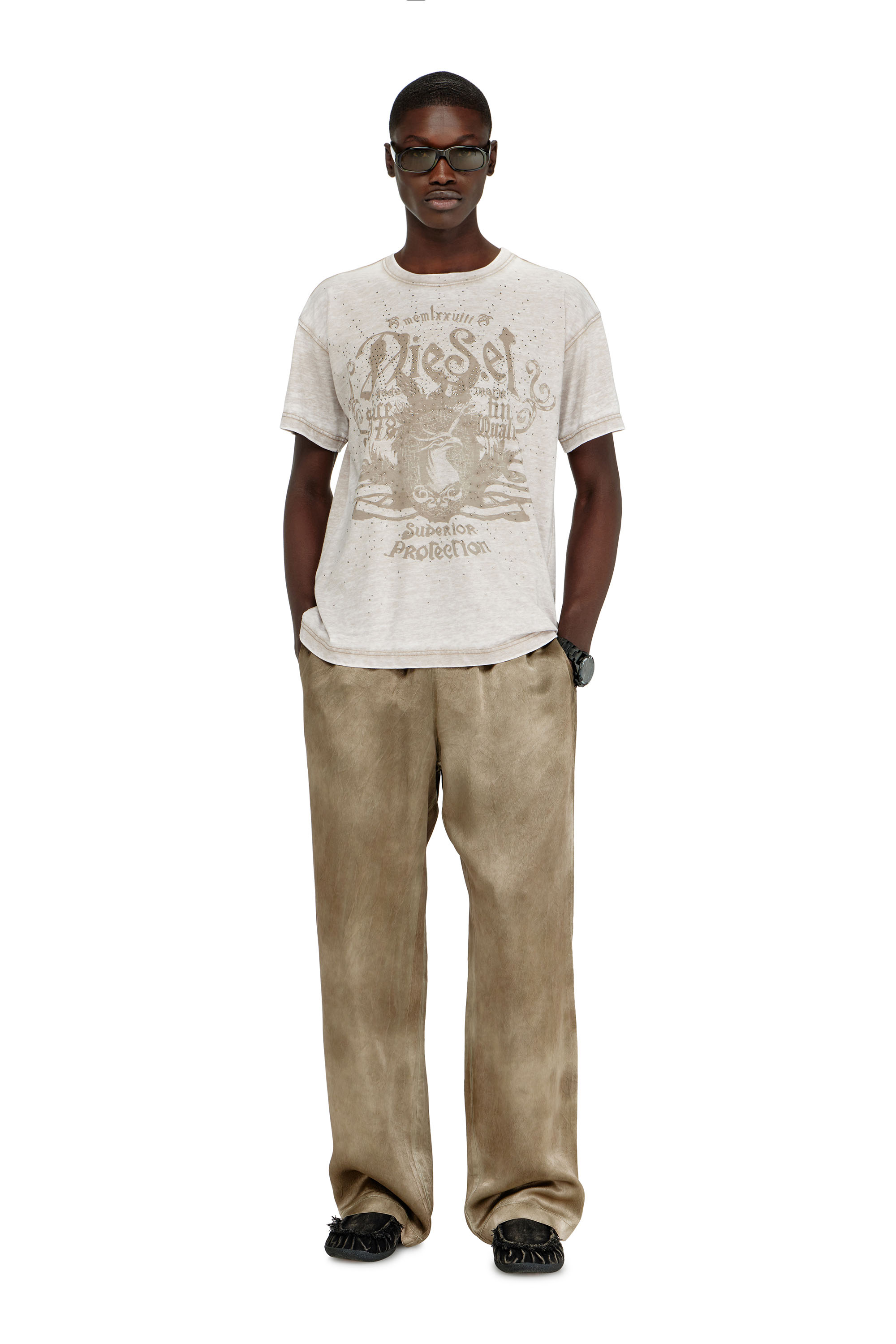 Diesel - T-NORM-AA8, Herren Jersey-T-Shirt mit burnout wash und Nieten in Beige - 2
