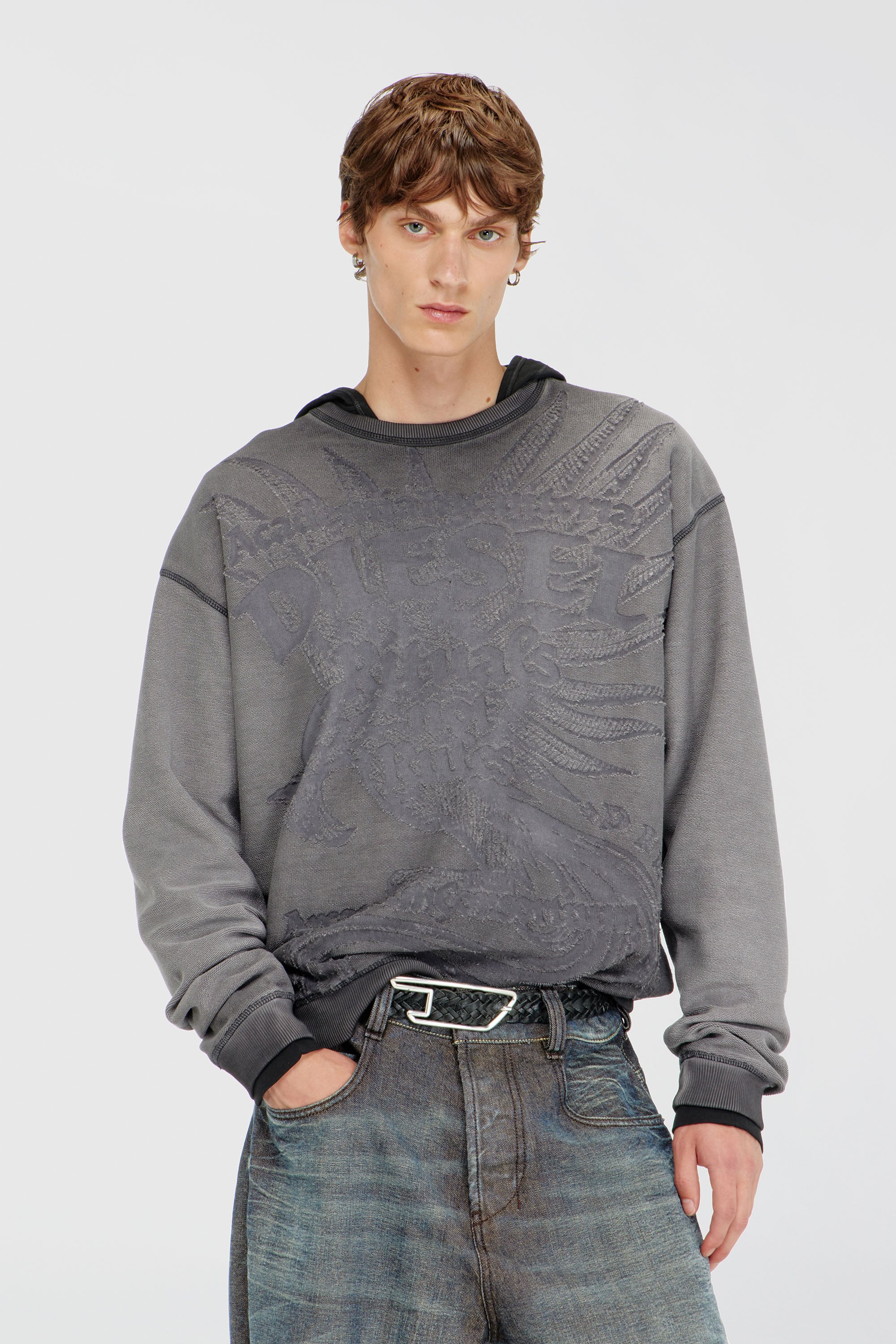 Diesel - S-ARON-RAW, Herren Sweatshirt mit d&eacute;vor&eacute;-Print in Dunkelgrau - 1