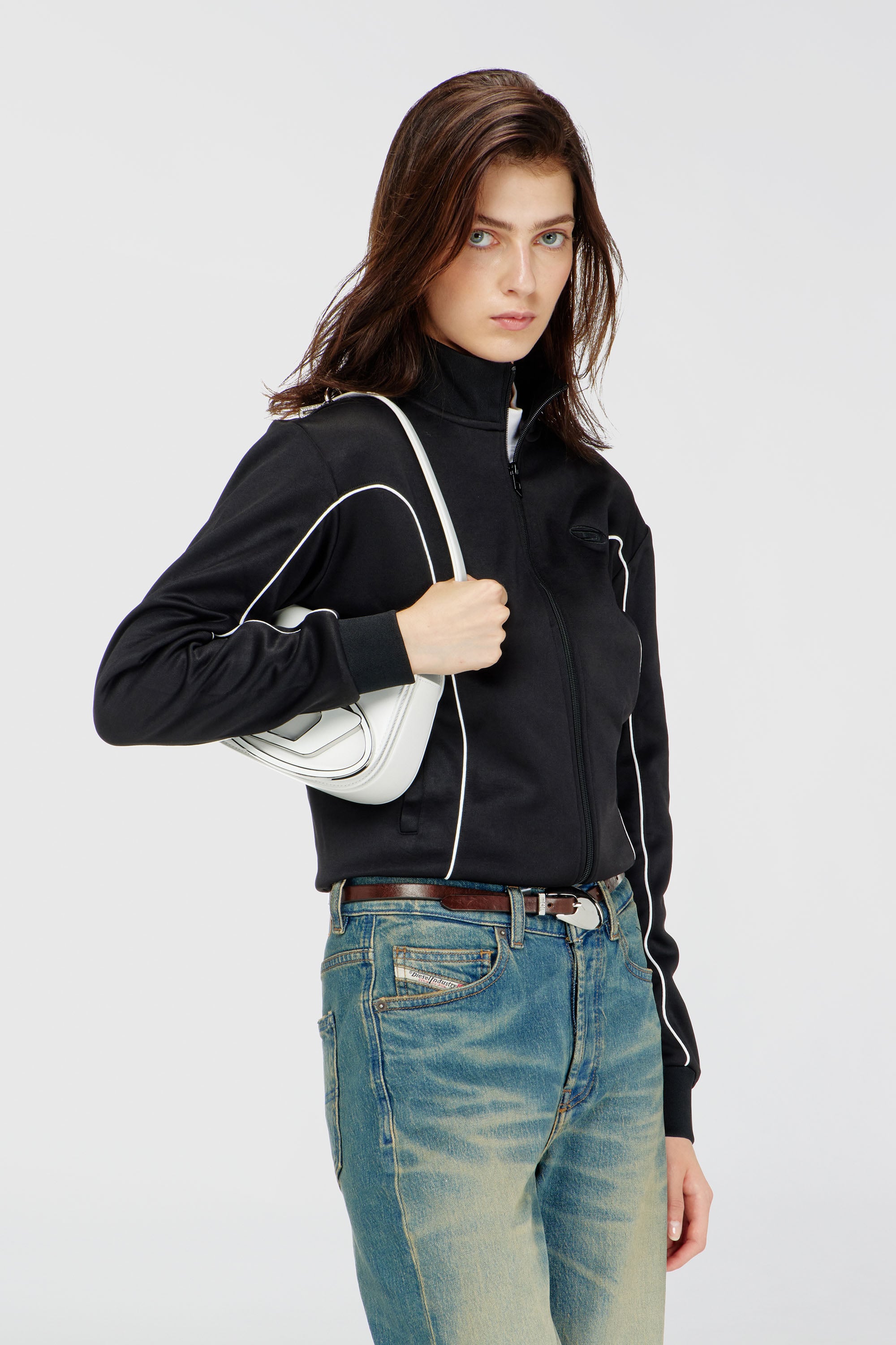 Diesel - F-LOCKING-OD, Damen Sweatjacke mit Kontrastpaspel in Schwarz/Weiss - 1