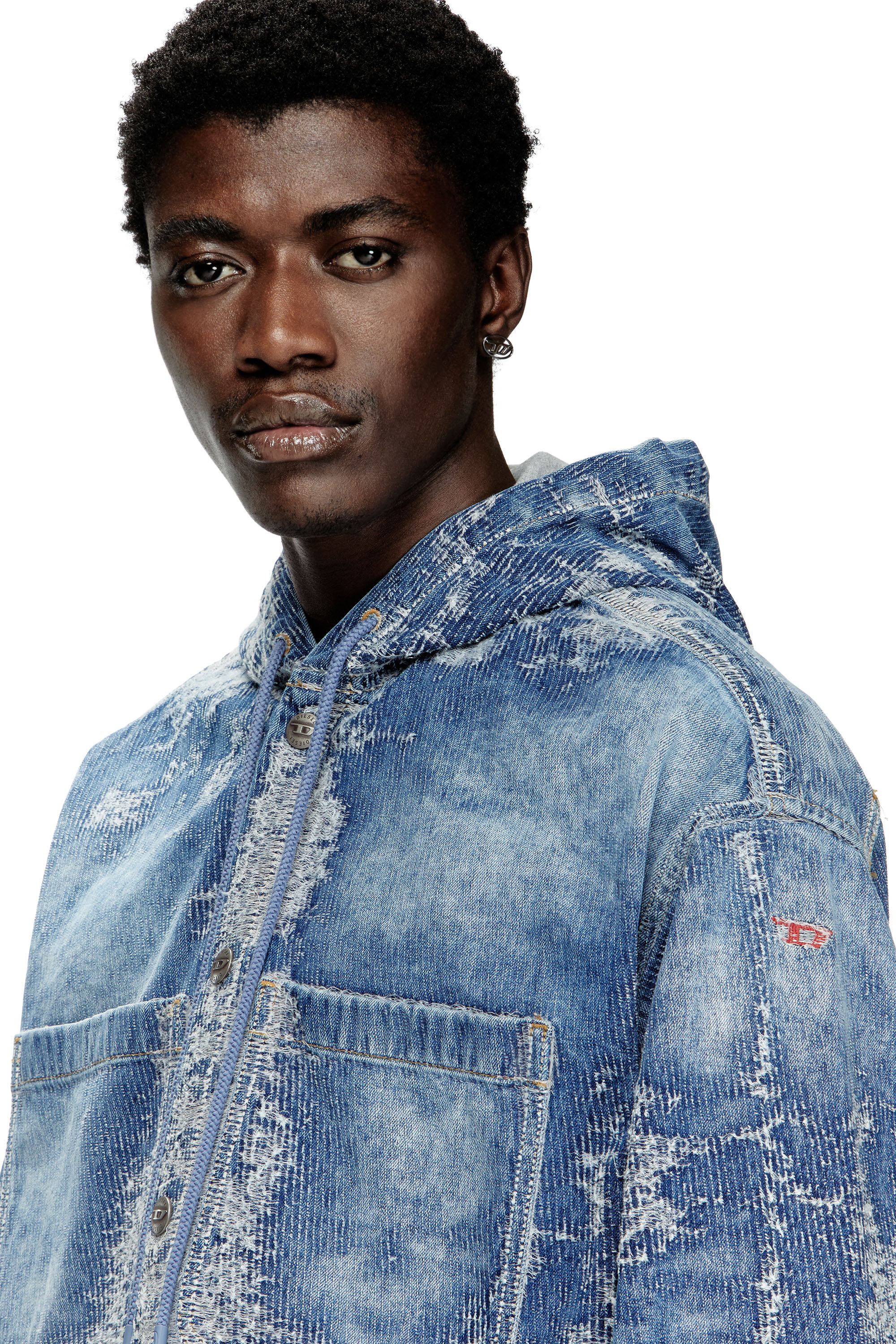 Diesel - D-DEWNYS-HOOD-S, Herren Overshirt aus vielgetragenem Jacquard-Denim in Mittelblau - 5