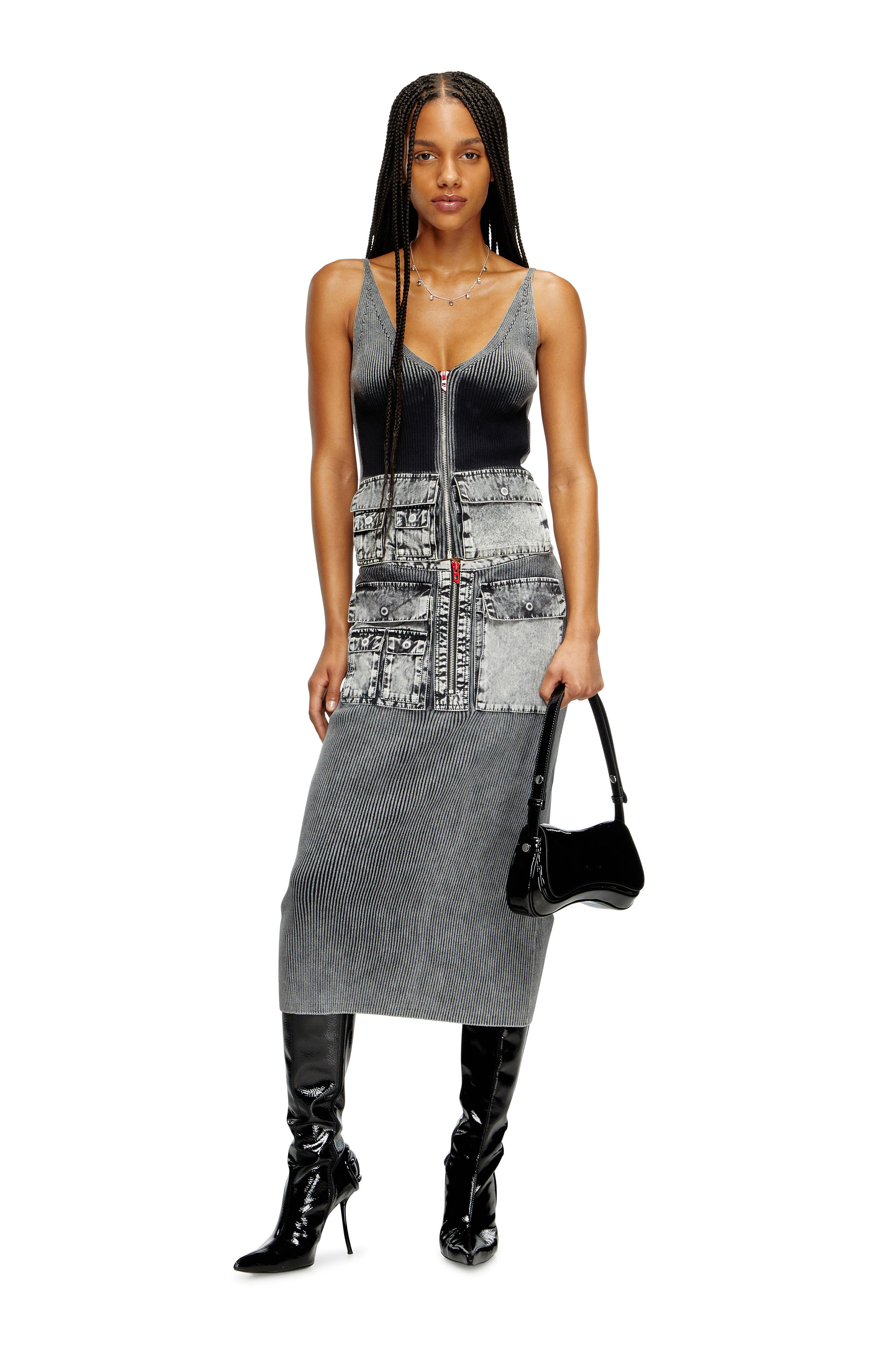 Diesel - M-MELLY, Damen Tanktop aus Strick mit Cargotaschen aus Denim in Dunkelgrau - 1