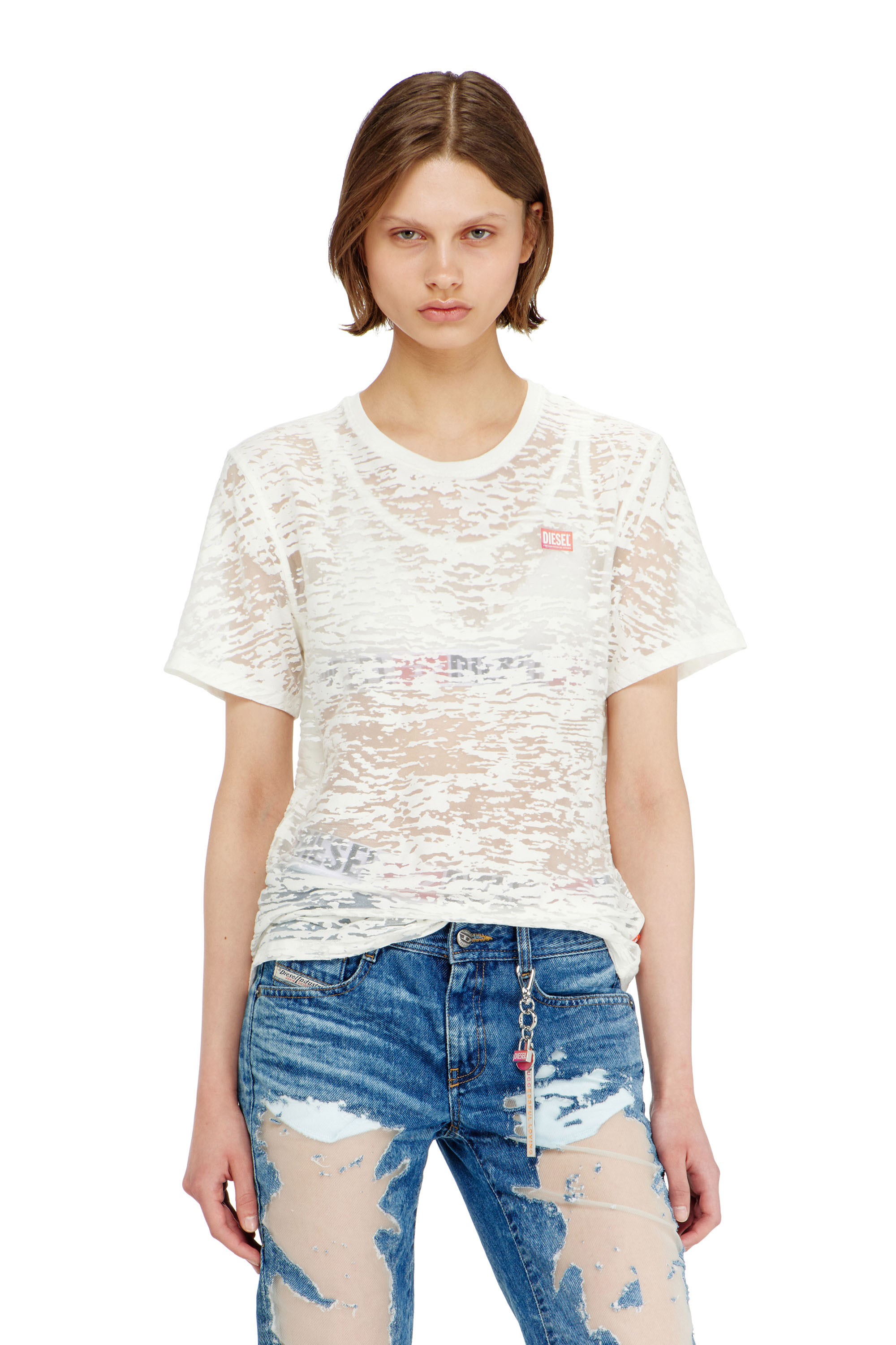 Diesel - PR-T-NOTS-MATI-R, Unisex T-shirt aus all-over devor&eacute;-Jersey in Wei&szlig; - 3