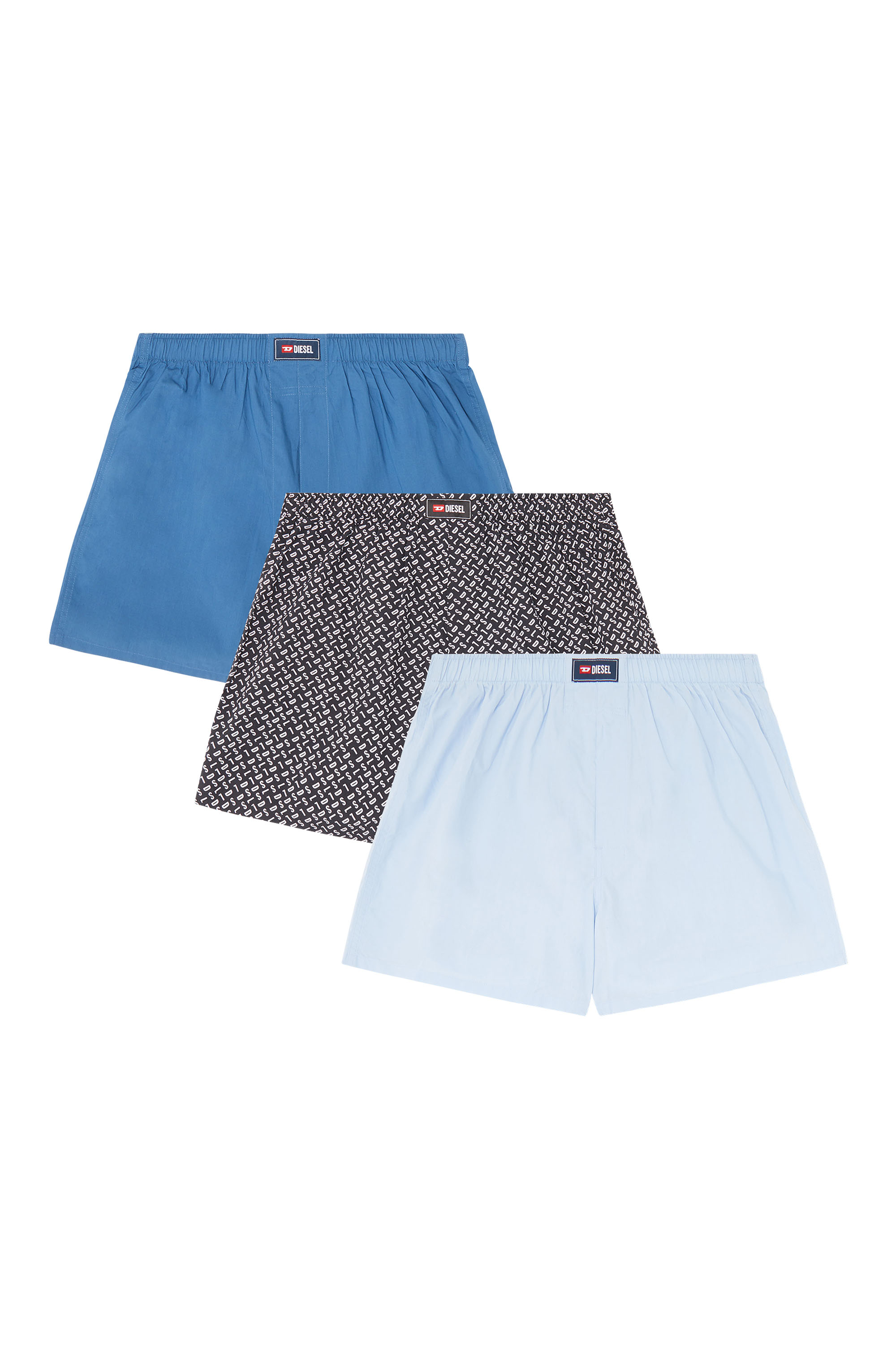 Diesel - RYAN-D-CORE-3PACK, Herren Boxershorts aus Baumwolle mit unifarbenem und all-over DSL-Print im Dreierpack in Blau - 1