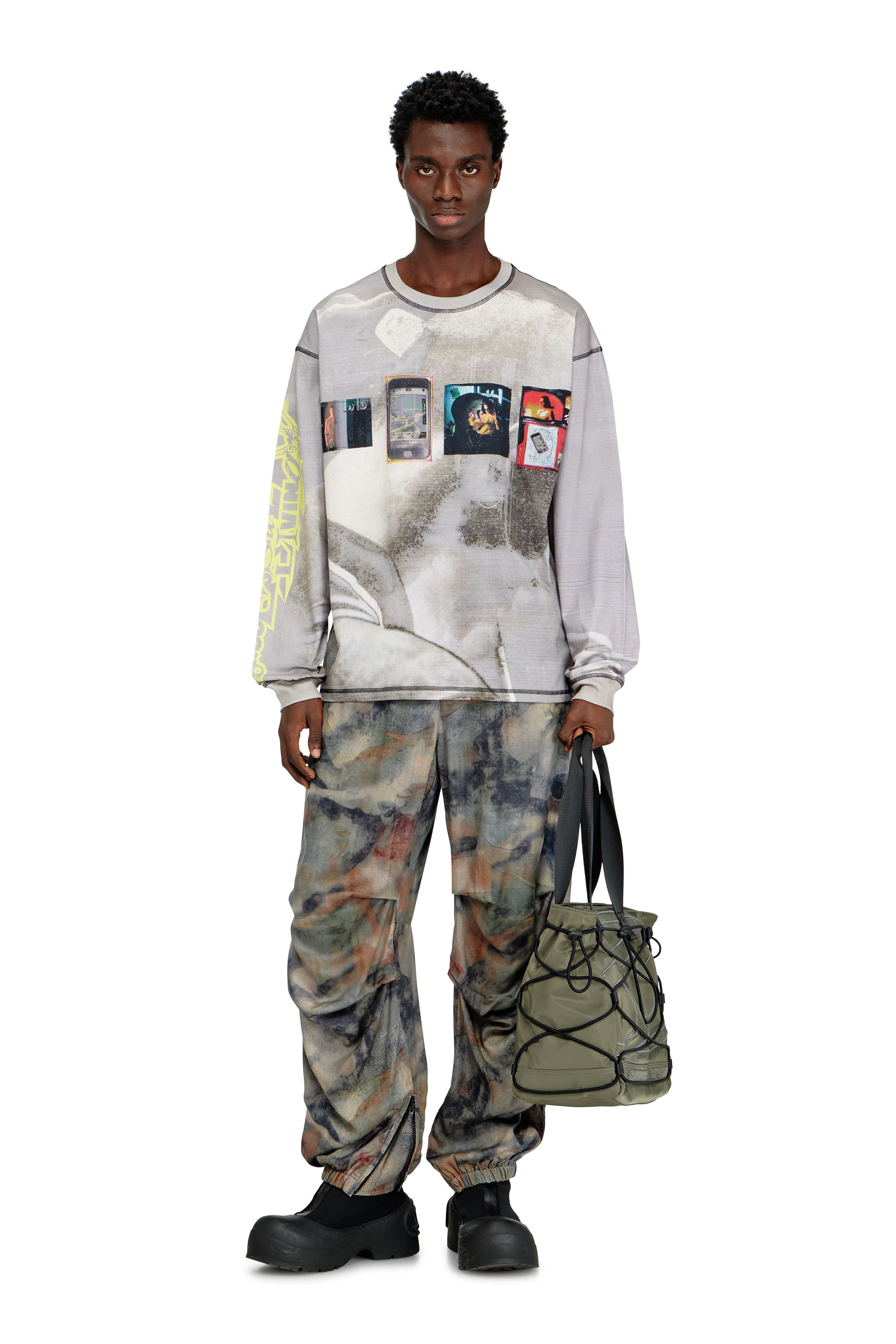 Diesel - T-BOXT-LS-V3, Herren Lang&auml;rmliges T-Shirt mit Allover-Print und Aufn&auml;hern in Grau - 1