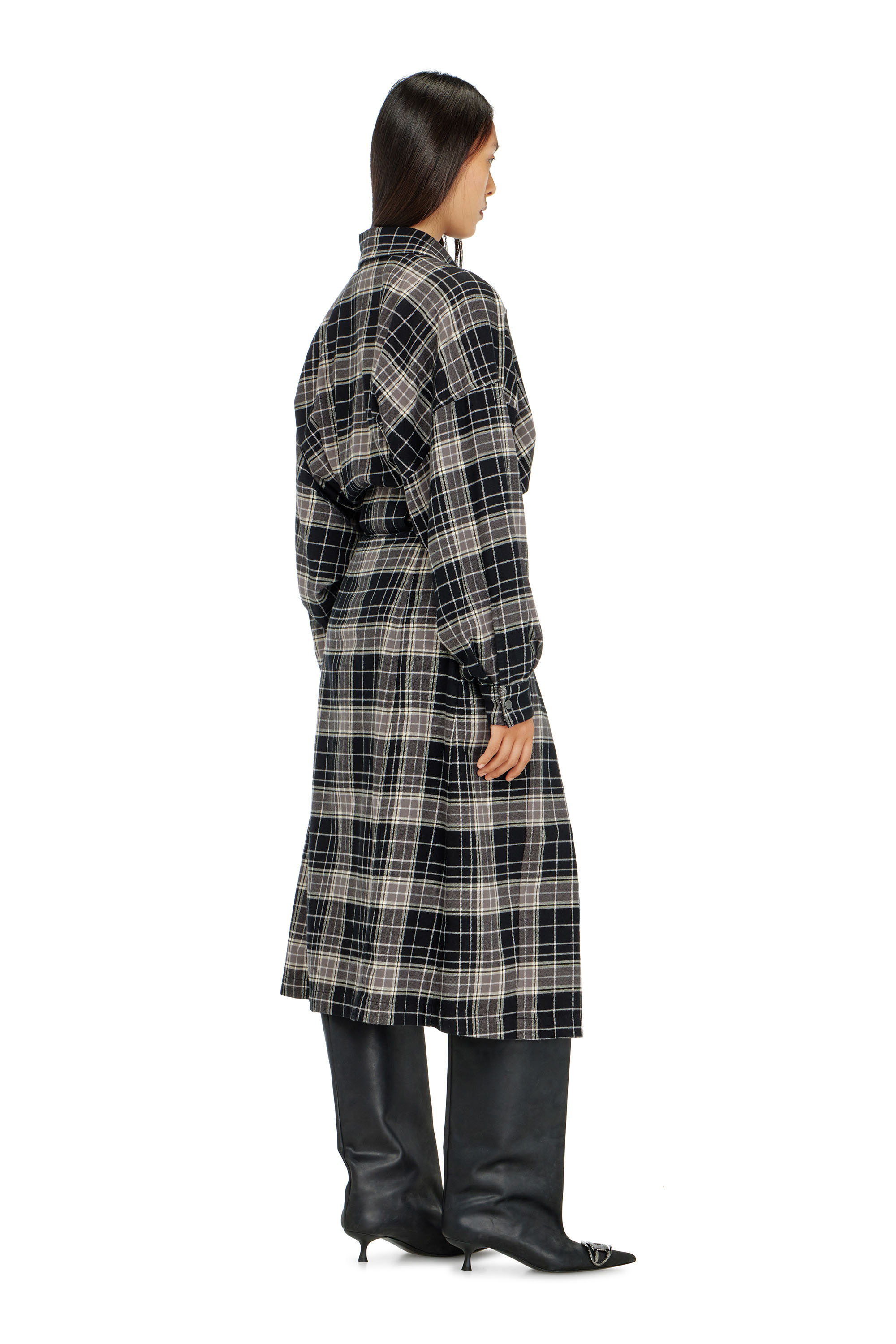 Diesel - D-EDALUS, Damen Midikleid aus kariertem Flanell mit breitem G&uuml;rtel in Grau/Schwarz - 4