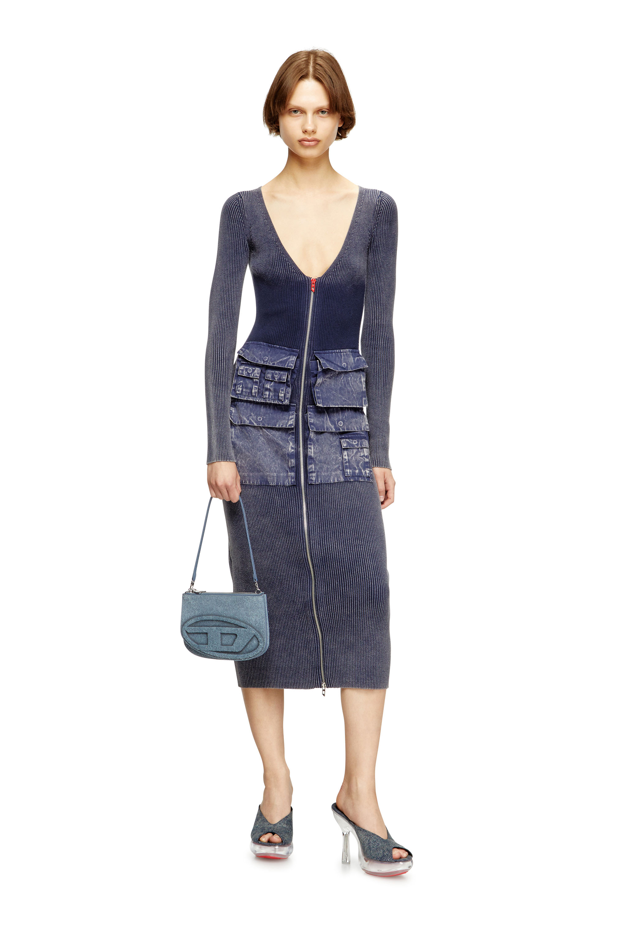 Diesel - M-MELTI-LS, Damen Geripptes Midikleid mit Denim-Behandlung in null - 1