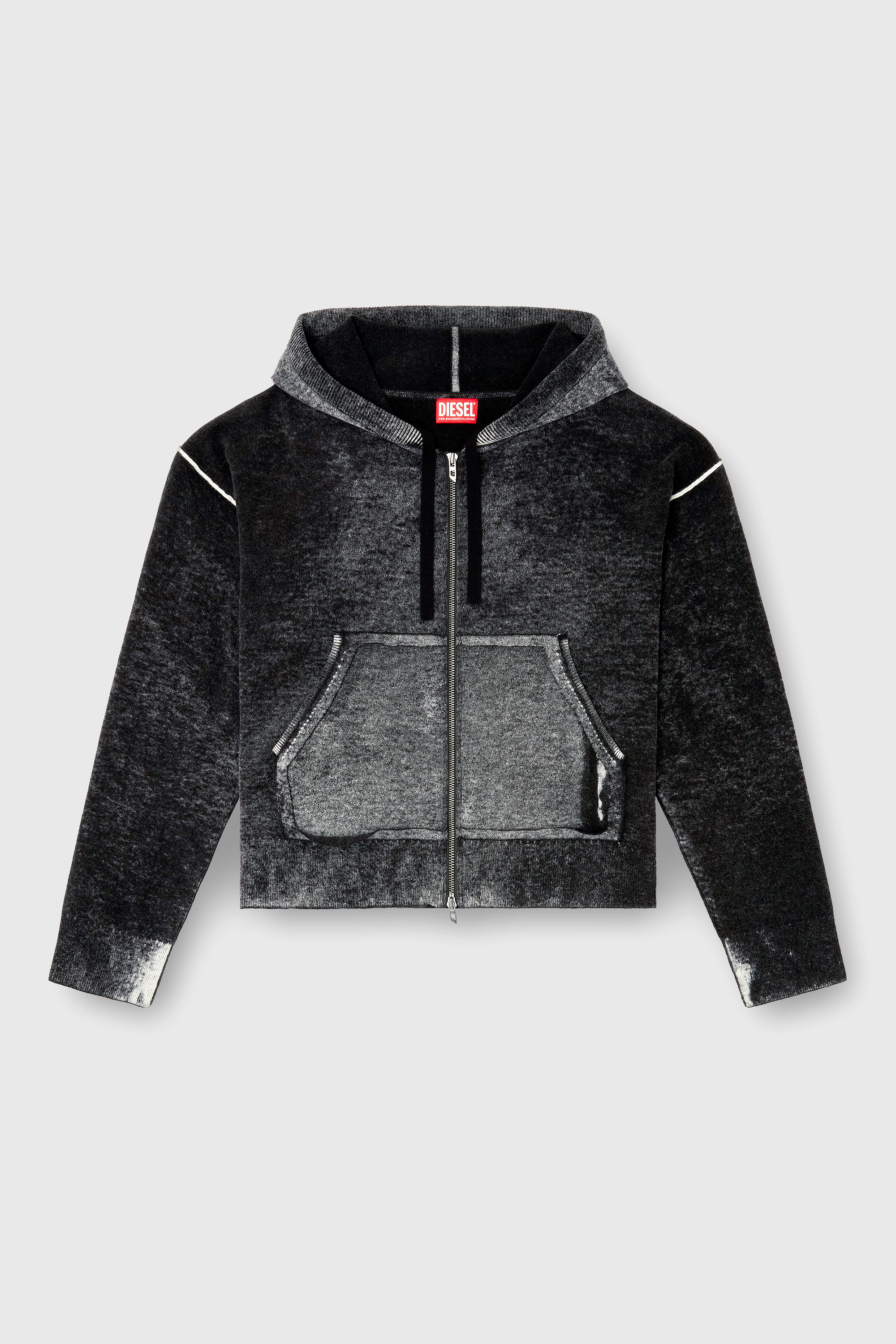 Diesel - M-HERMINE, Damen R&uuml;ckw&auml;rts bedruckte Kapuzenstrickjacke aus Wolle in Schwarz/Grau - 2