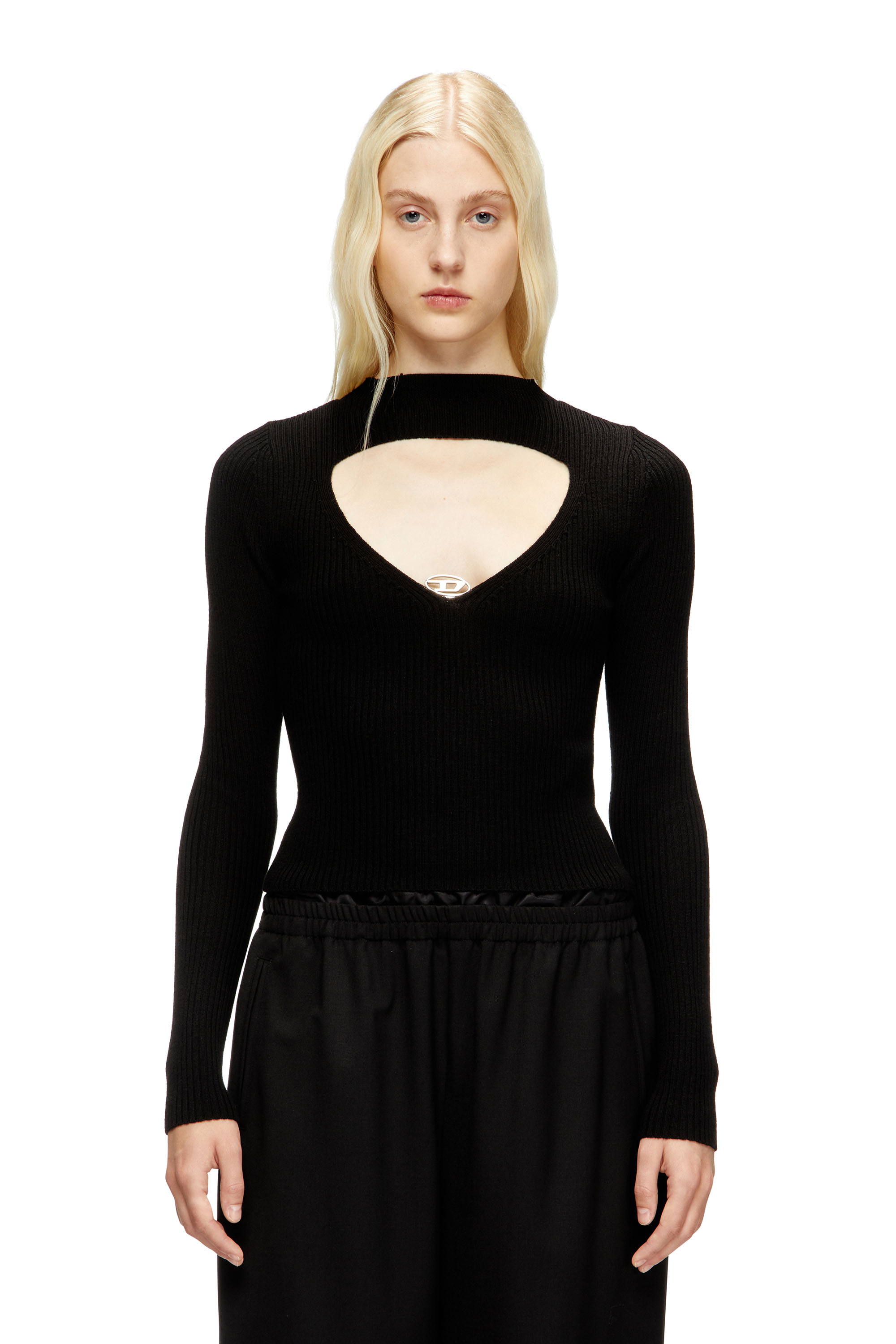 Diesel - M-OLINA, Damen Gerippter Pullover aus Wolle mit Ausschnitt in Schwarz - 1