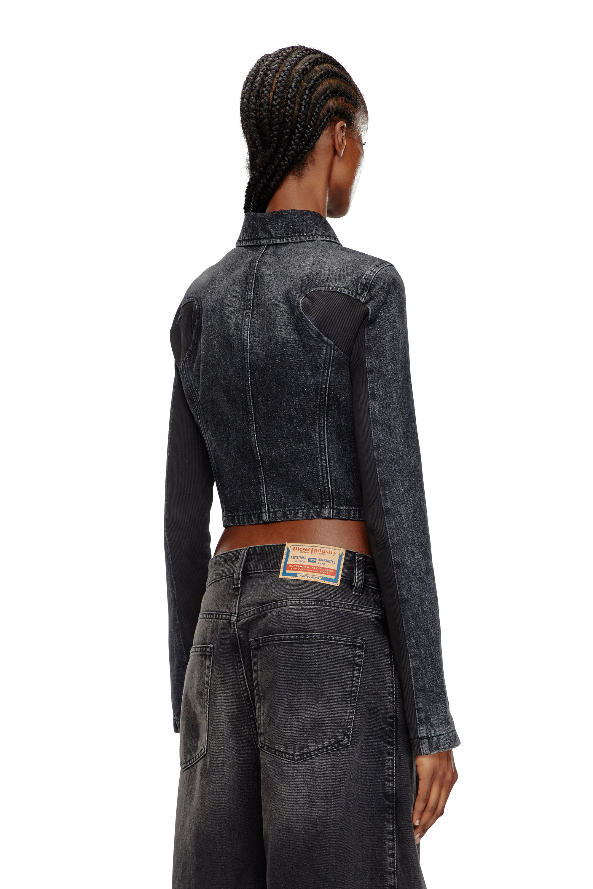 Diesel - DE-SYLEN-S, Damen Kurze Denimjacke mit gerippten Eins&auml;tzen in Schwarz - 4