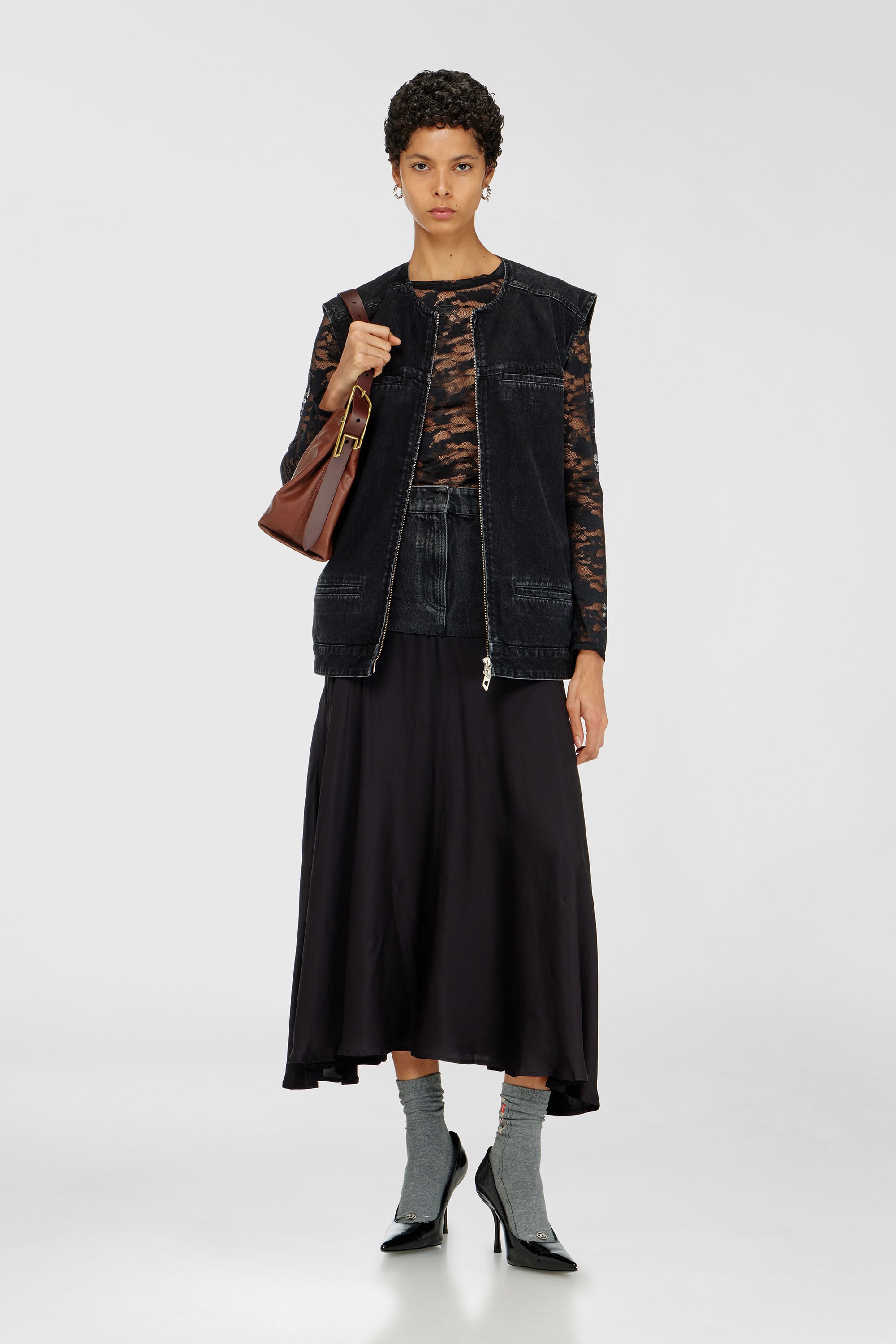 Diesel - O-RIONE, Damen Midirock mit Denim-Satin-Partien in Schwarz - 1