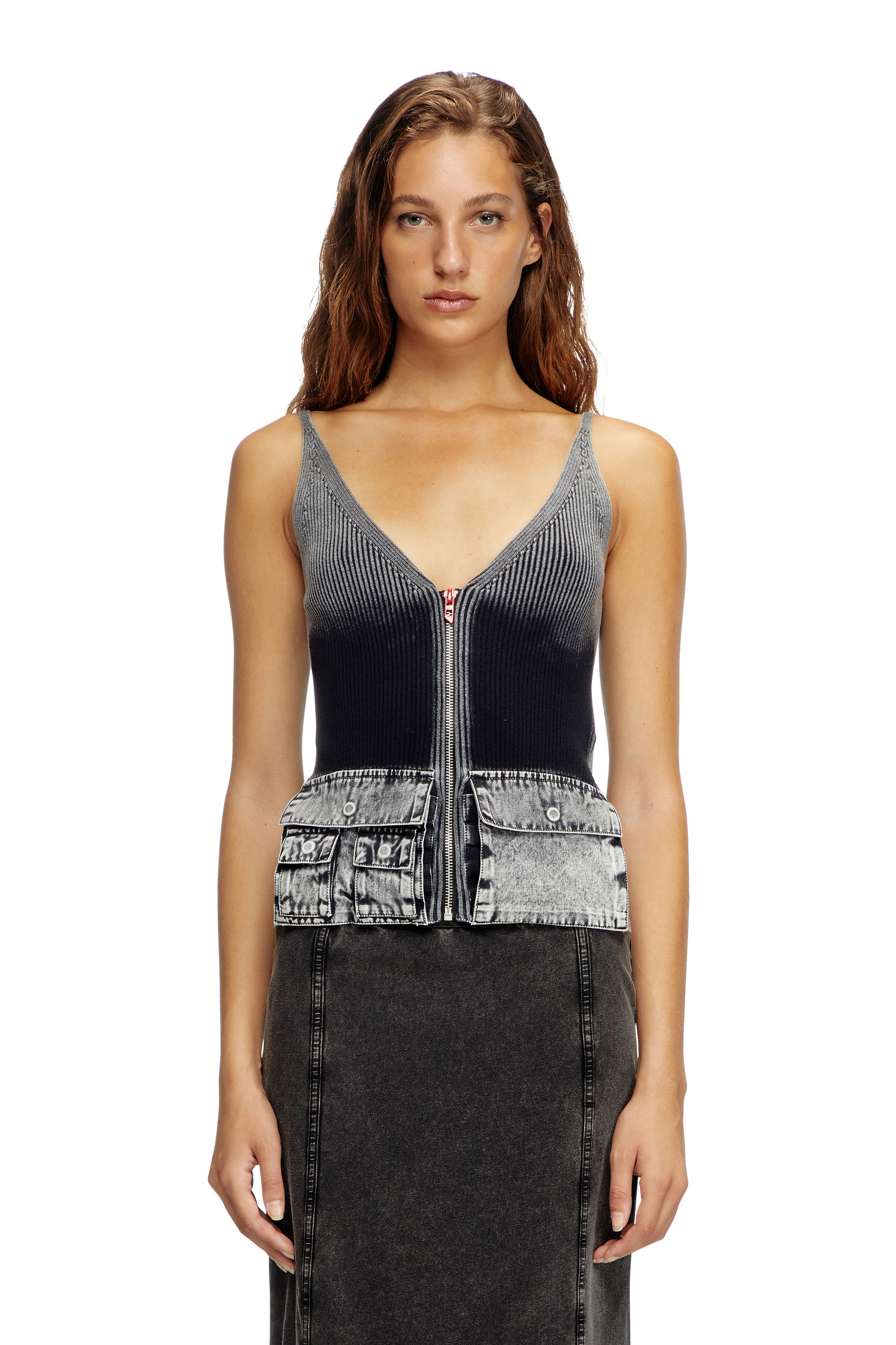 Diesel - M-MELLY, Woman's Knit tank top with denim cargo pockets in Dark grey - 1