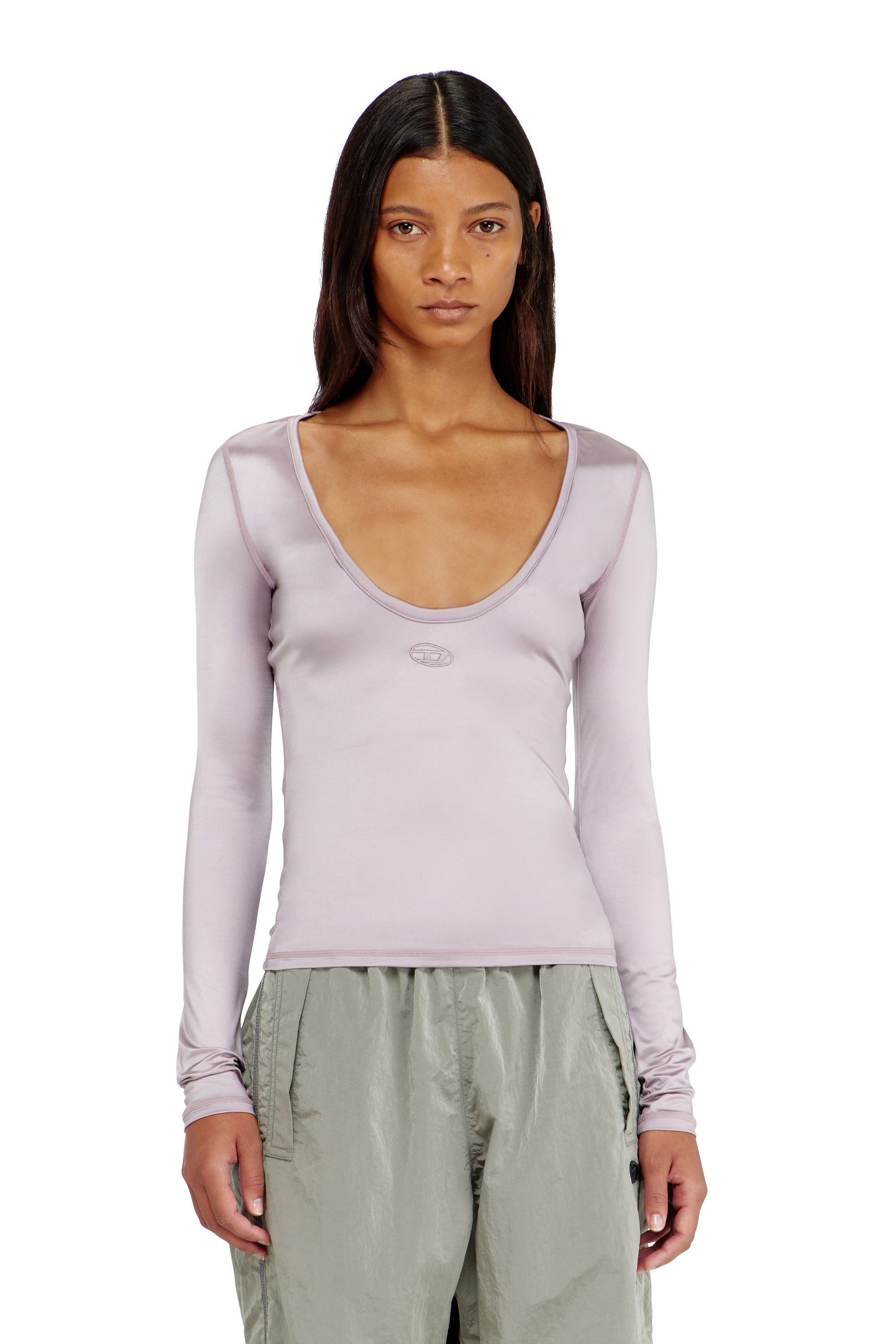 Diesel - T-ELPHIN-LS, Damen Nylon slim top mit Rundhalsausschnitt und Logo Oval D Stickerei in Lila - 1