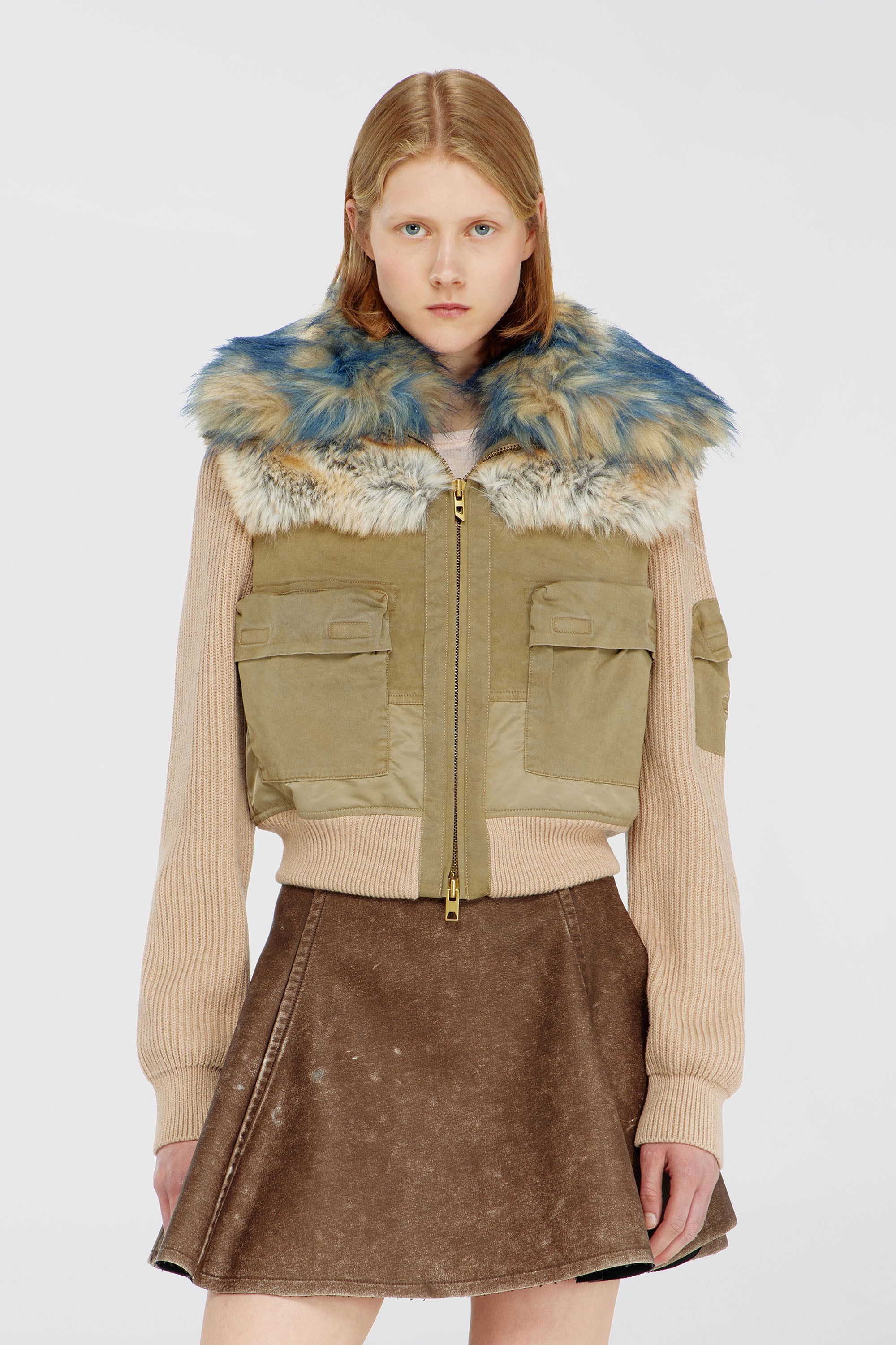 Diesel - G-USTAV, Damen Bomberjacke mit Rippstrick- und Pl&uuml;schbesatz in Beige - 1