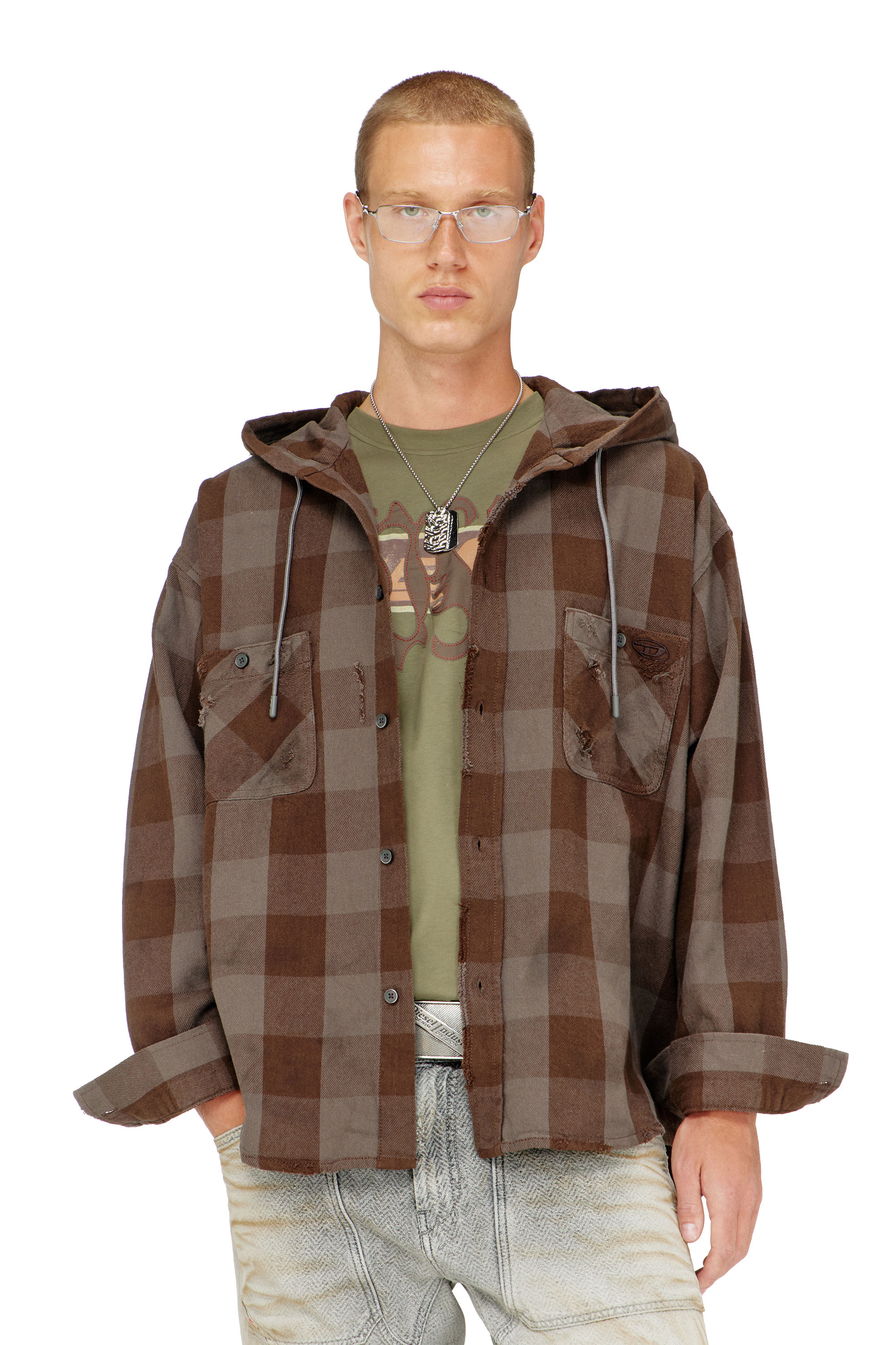 Diesel - S-DRUM-HOODY, Herren Kapuzenshirt aus distressed kariertem Flanell in null - 1