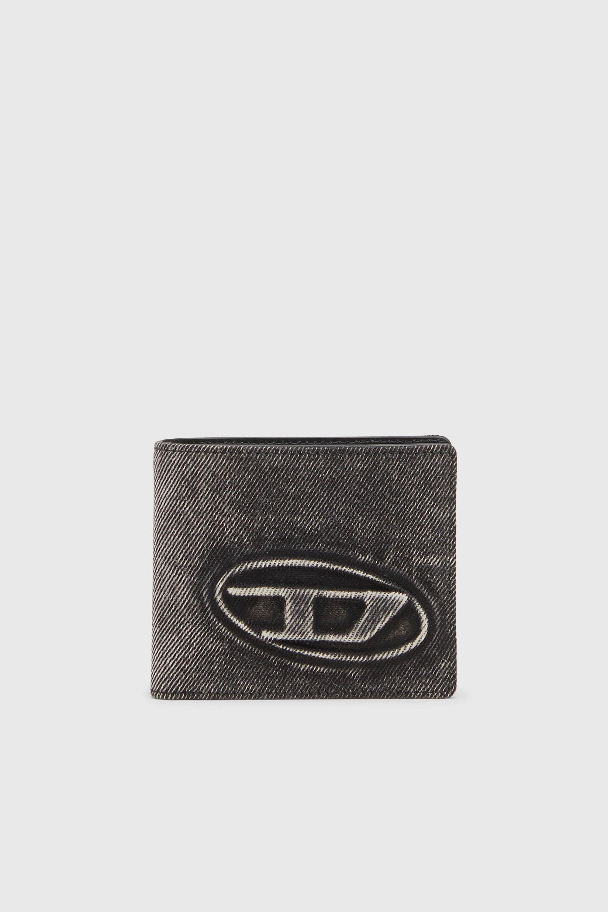 Diesel - 1DR BI FOLD COIN S 3D, Unisex Brieftasche aus gewaschenem Denim in Dunkelgrau - 1