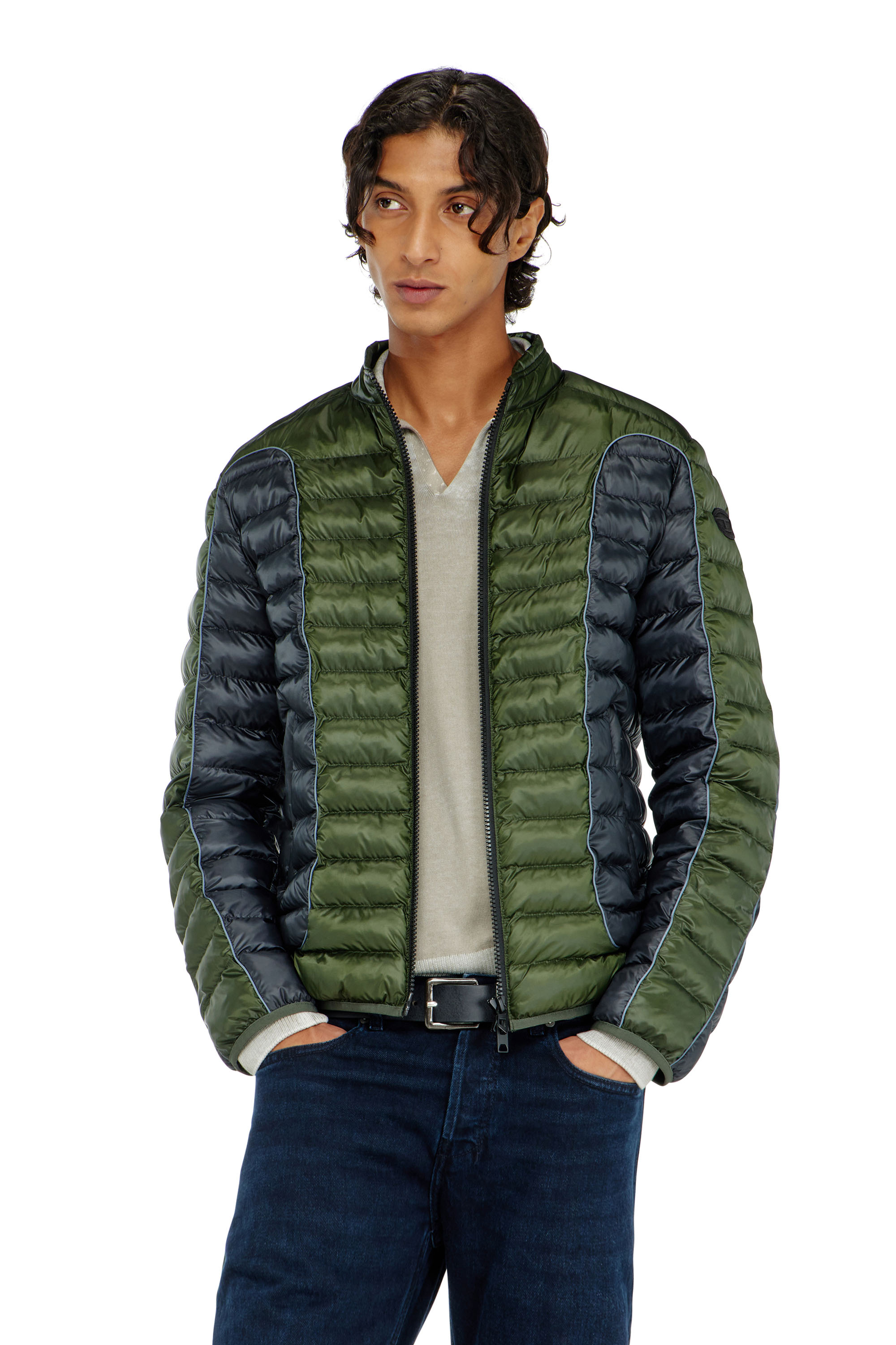 Diesel - W-PILOT-BLOCK, Herren Biker-Pufferjacke mit Colour-Block-Design in Grau/Gr&uuml;n - 3