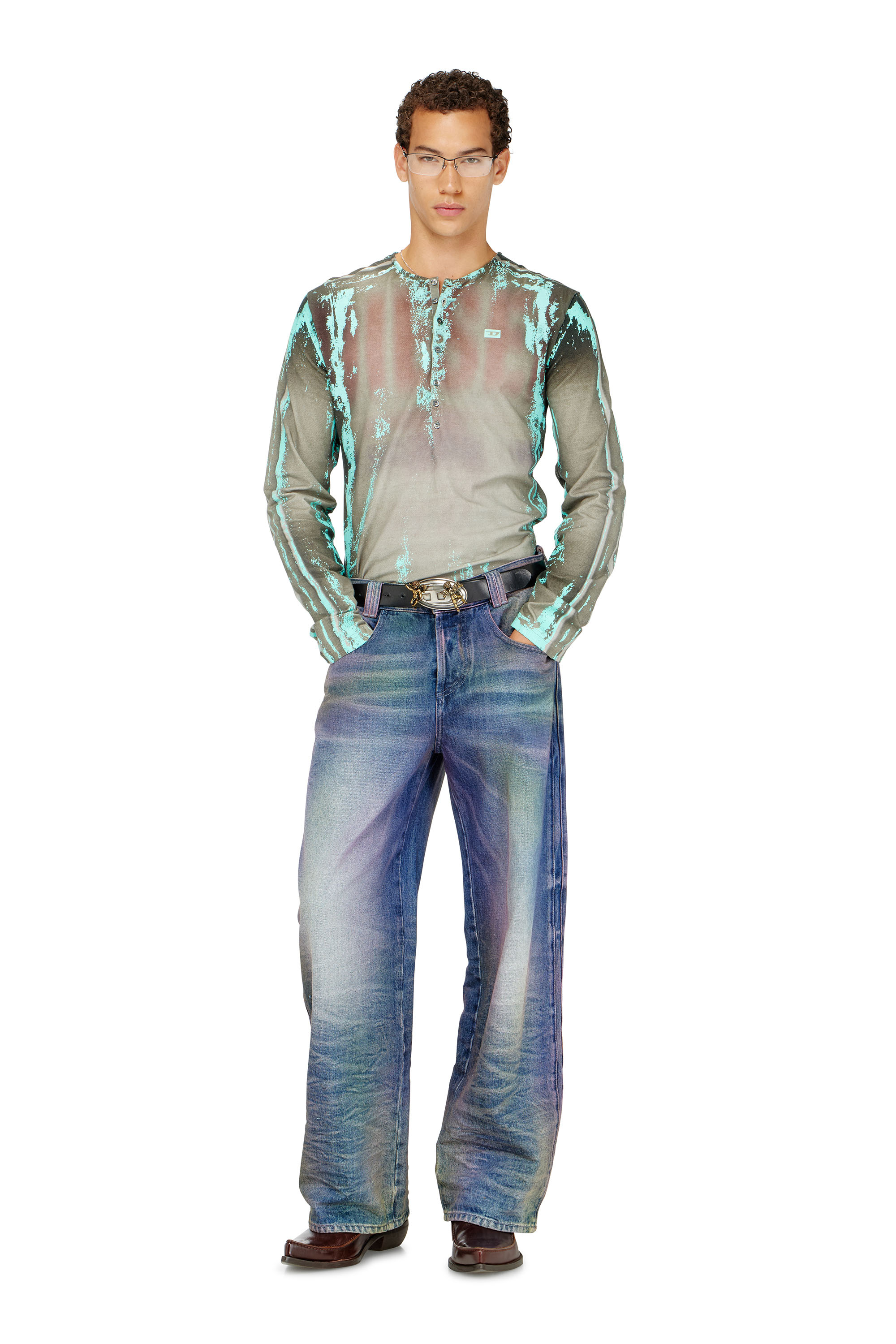 Diesel - T-FYNO-ML, Herren Grandad T-Shirt aus Jersey mit Leder-Crack-Effekt in null - 1
