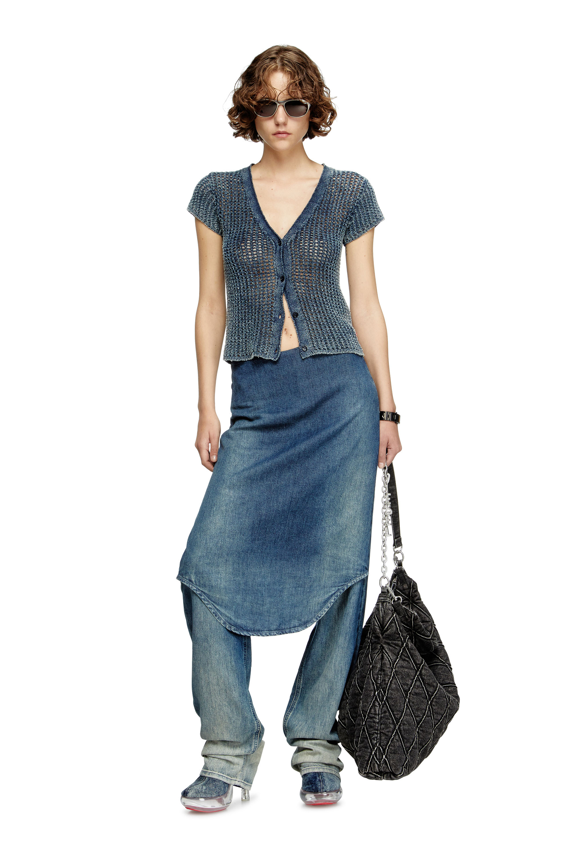 Diesel - M-REZ, Damen Kurzarm-Cardigan aus Denim-Mesh-Strick in Mittelblau - 1