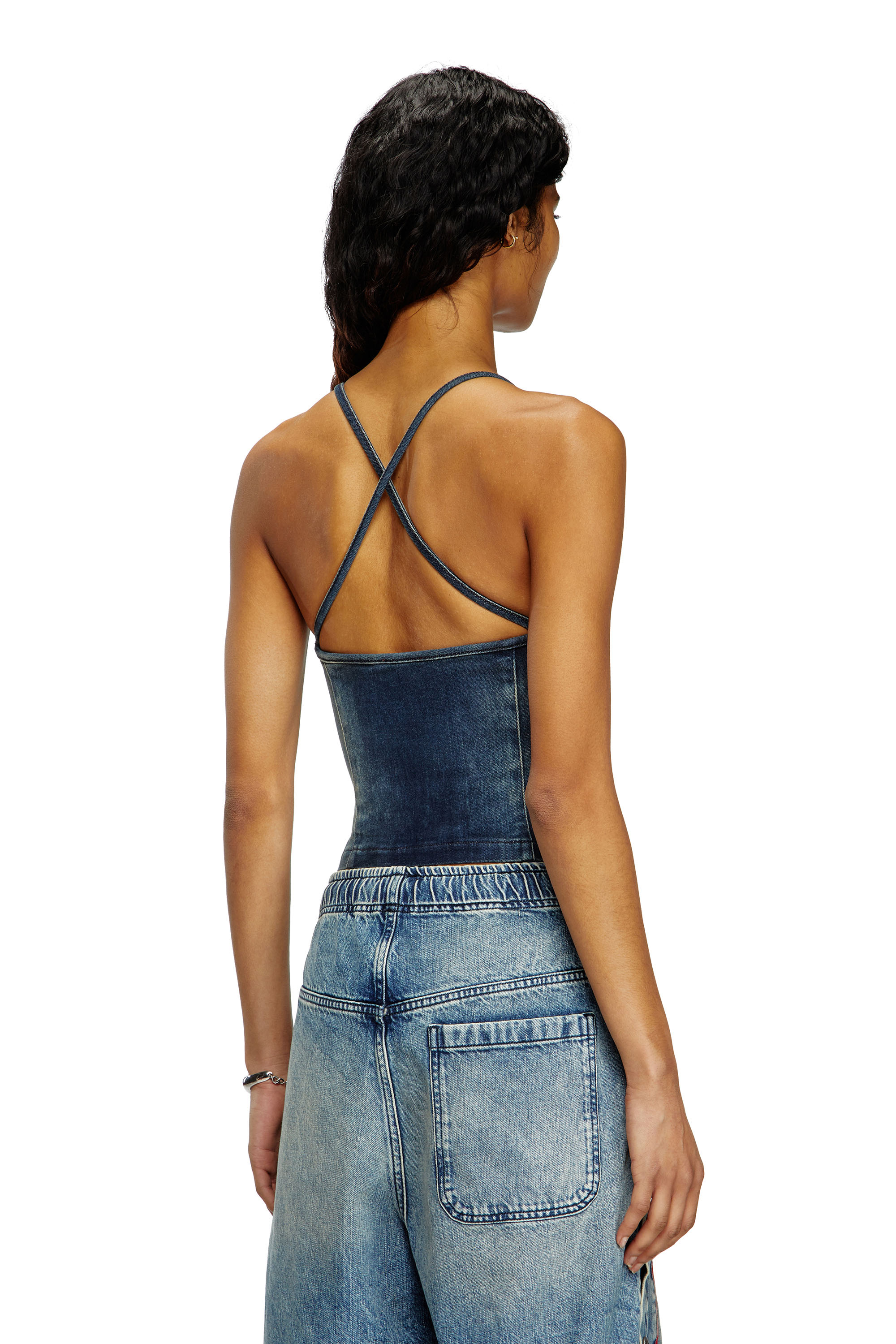 Diesel - DE-PILU-S, Damen Top aus zweifarbigem Stretch-Denim in Dunkelblau - 3