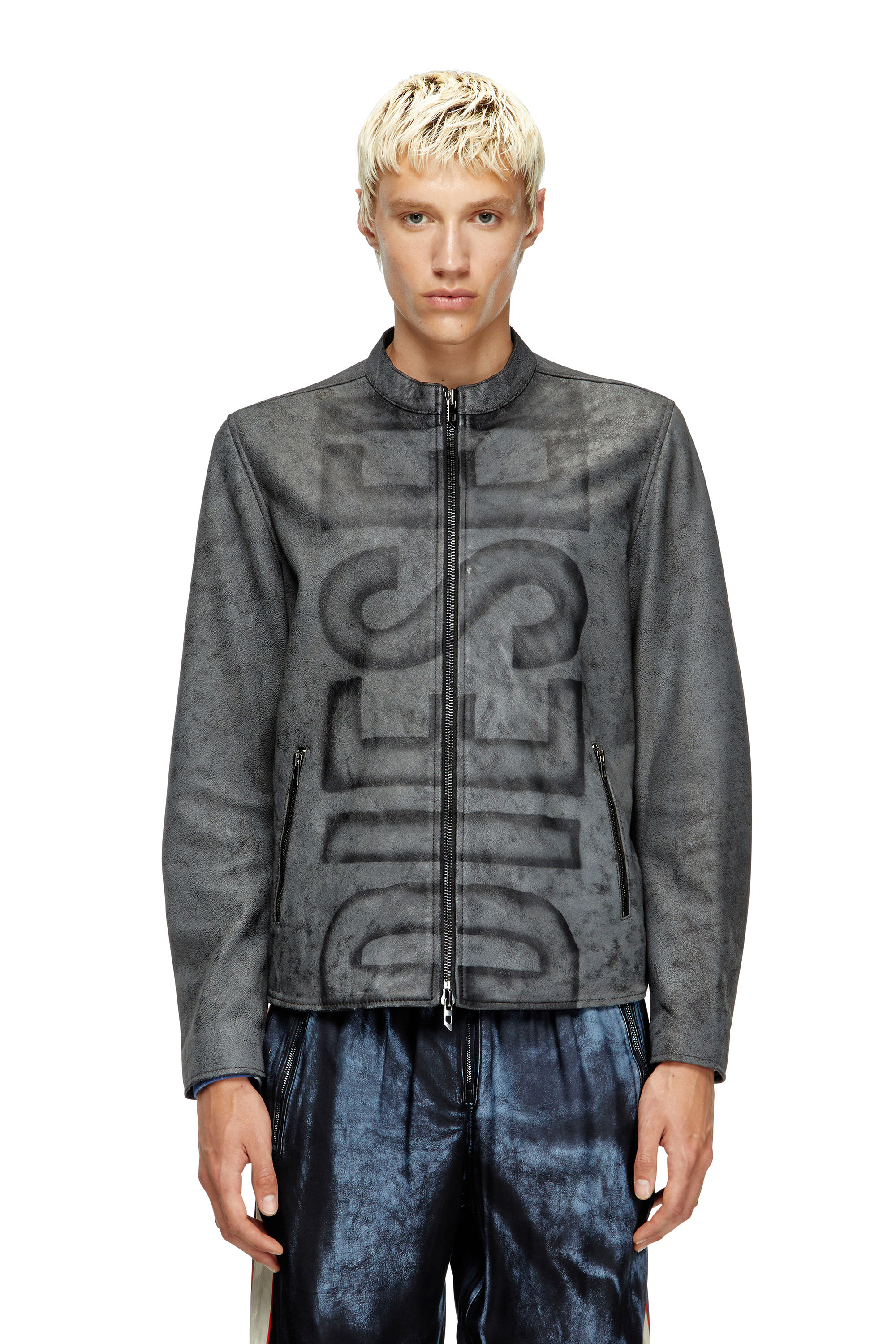 Diesel - L-EVERT-A, Herren Behandelte Bikerjacke aus Leder mit verblasstem Logo in Grau - 1