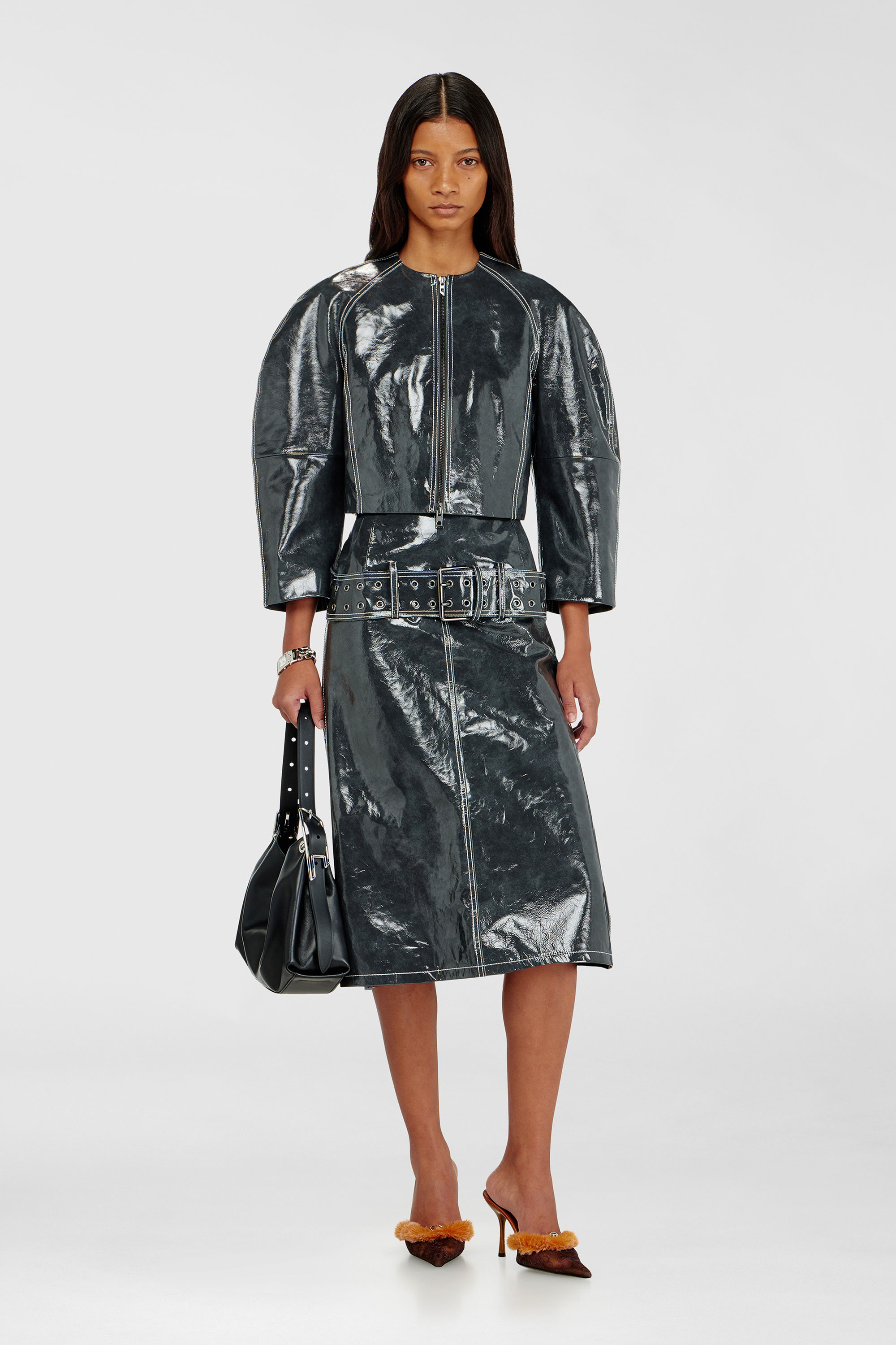 Diesel - L-ANDON, Damen Patent-leather jacket mit Cocoon-&Auml;rmeln in Dunkelgrau - 2