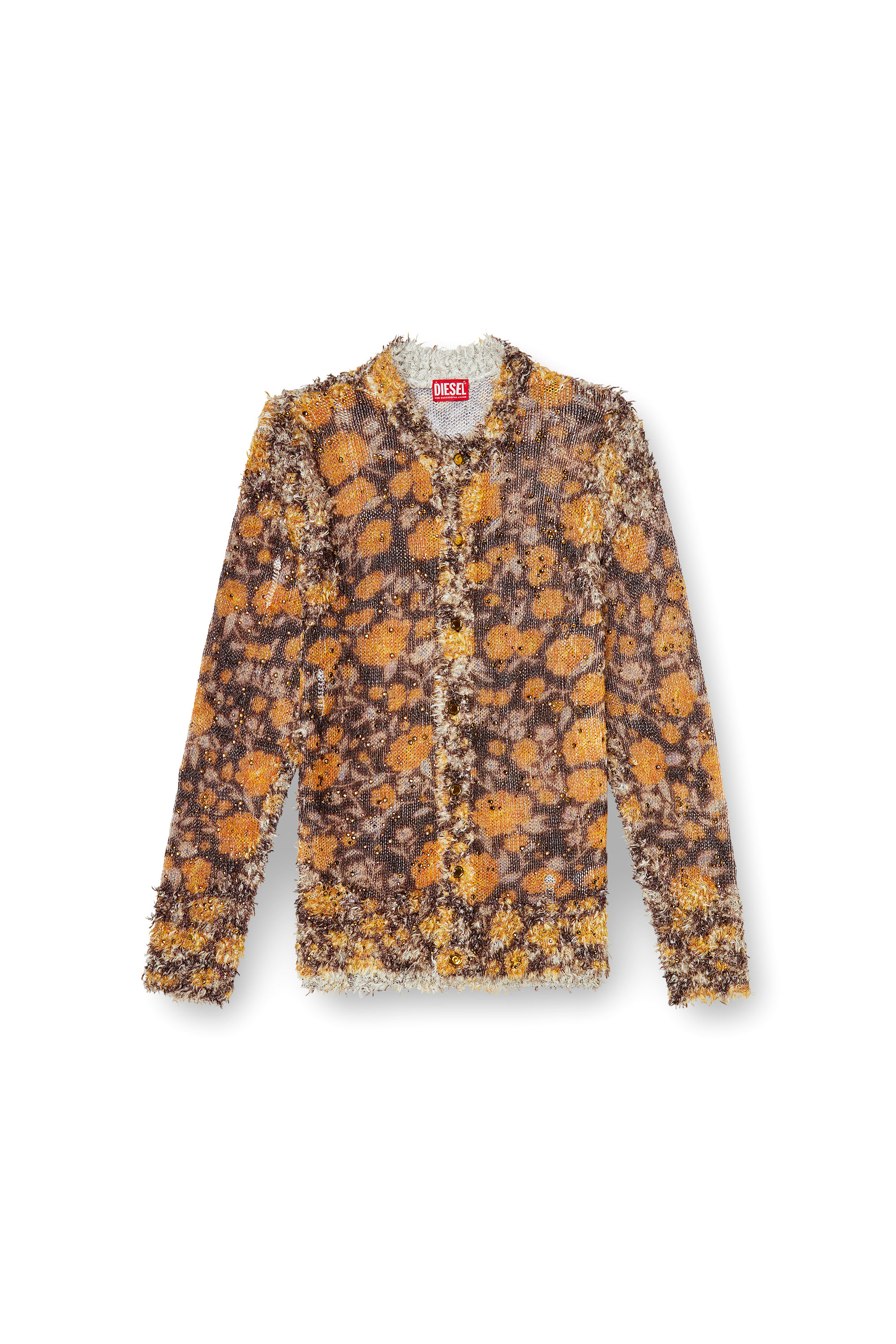 Diesel - K-LINNUS, Herren Bedruckte Strickjacke aus Leinenmischung mit Kristallen in Braun/Orange - 2