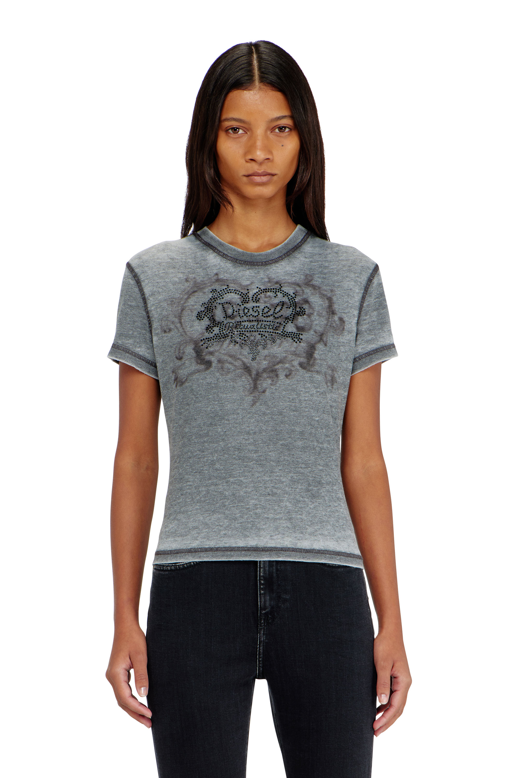 Diesel - T-ILA-AA1, Woman's Jersey t-shirt with rhinestones and burnout effect in Grey - 3