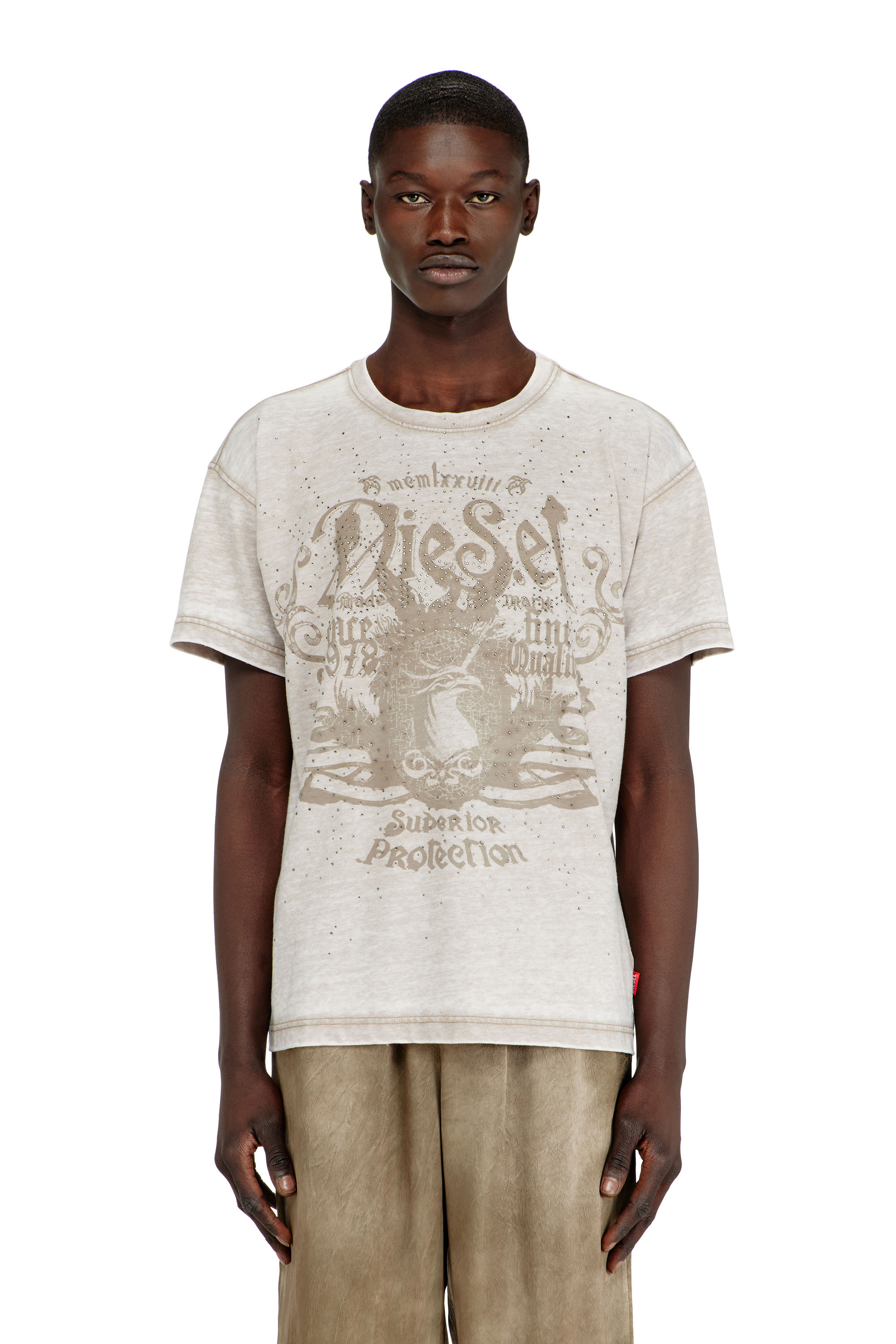 Diesel - T-NORM-AA8, Herren Jersey-T-Shirt mit burnout wash und Nieten in Beige - 1
