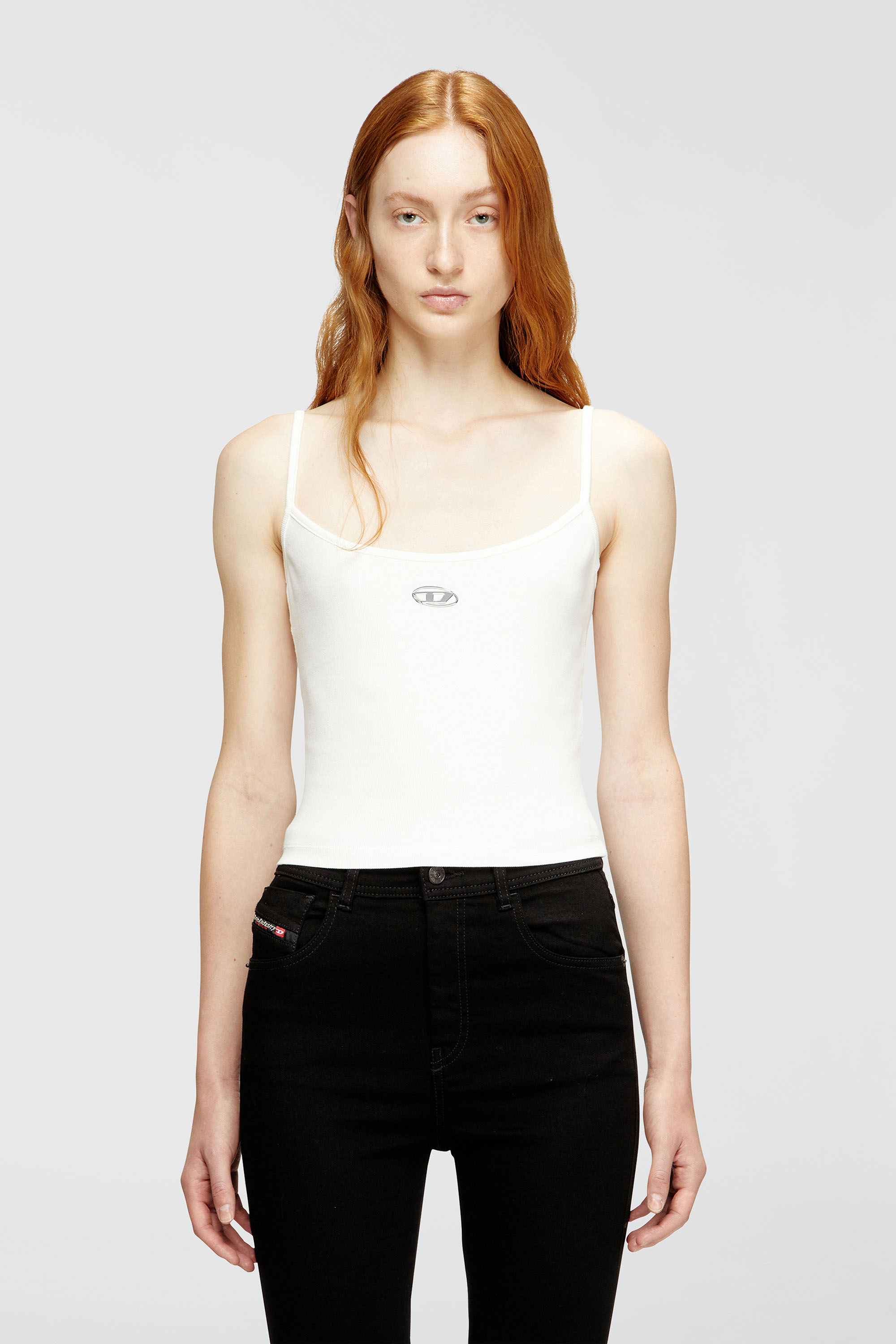 Diesel - T-HUPY-OD, Damen Rippen-Top mit metallicfarbenem Oval D in Wei&szlig; - 1