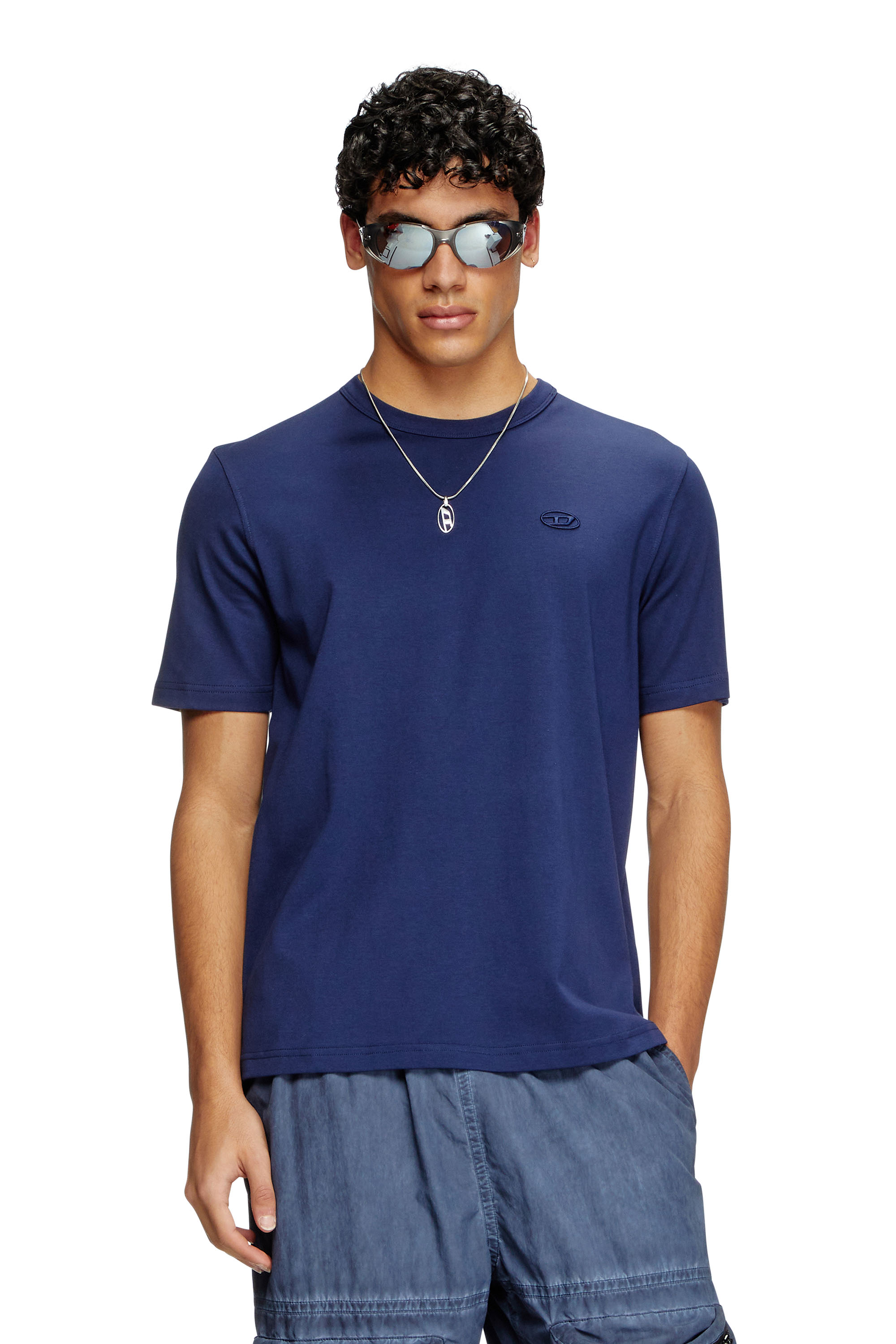 Diesel - T-ADJUST-SLITS-R17, Man's T-shirt with tonal logo embroidery in Night Blue - 1