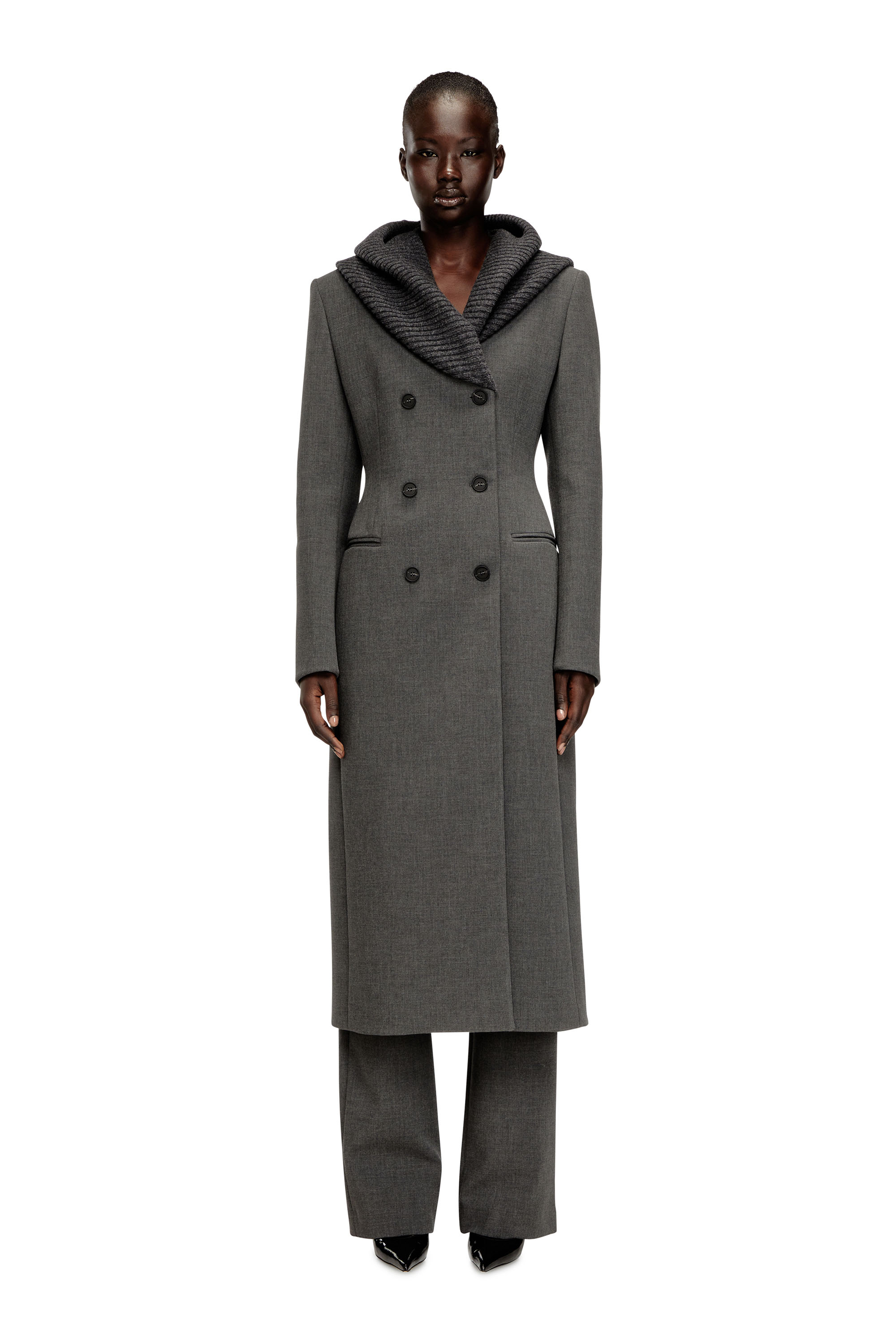 Diesel - G-OLDEN-LONG, Woman's Long hourglass coat with knitted cowl hood in Grey - 1