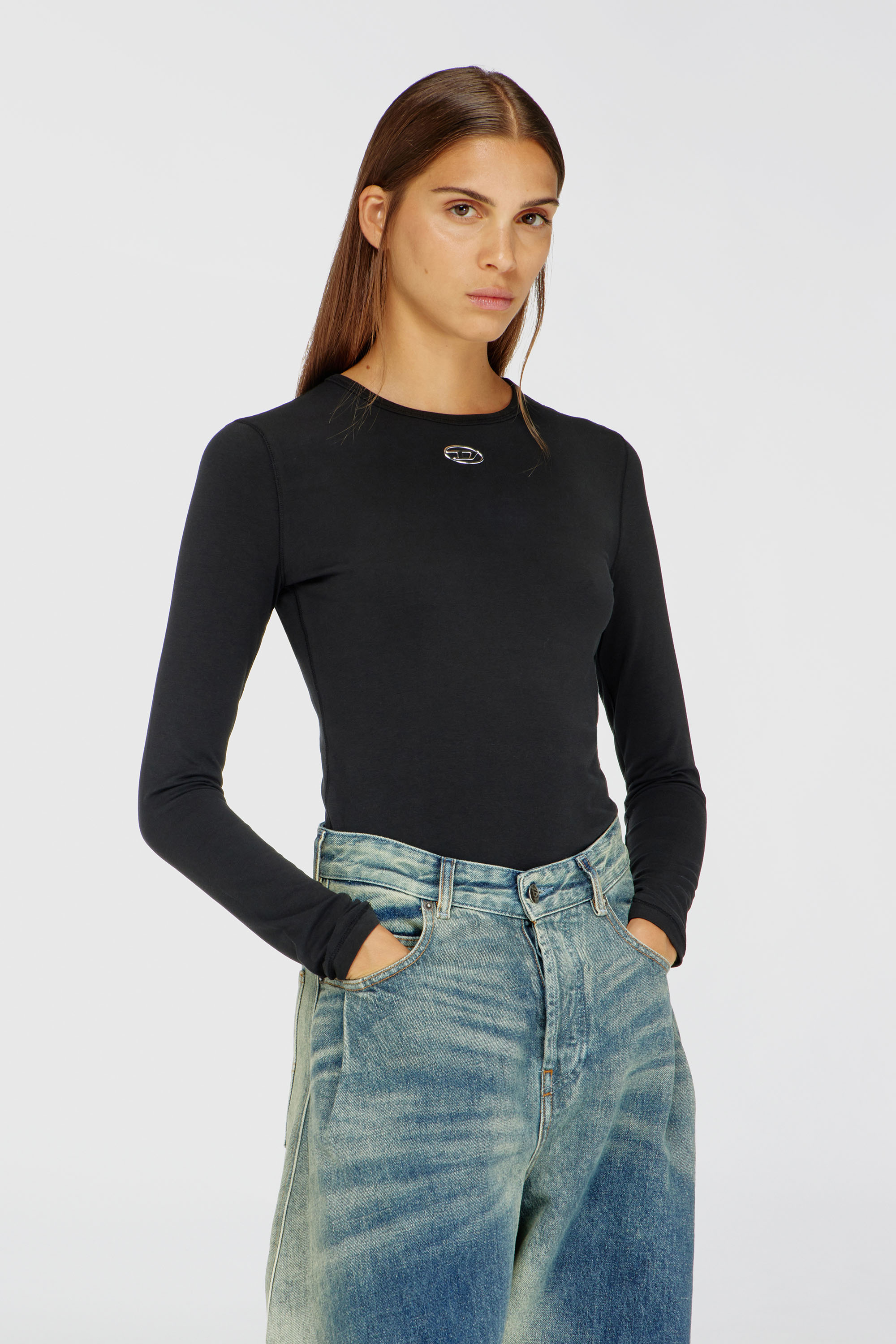 Diesel - T-UNCUTIESLONG-LS-OD, Damen Baumwollpullover mit Oval-D-Logo in Schwarz - 1