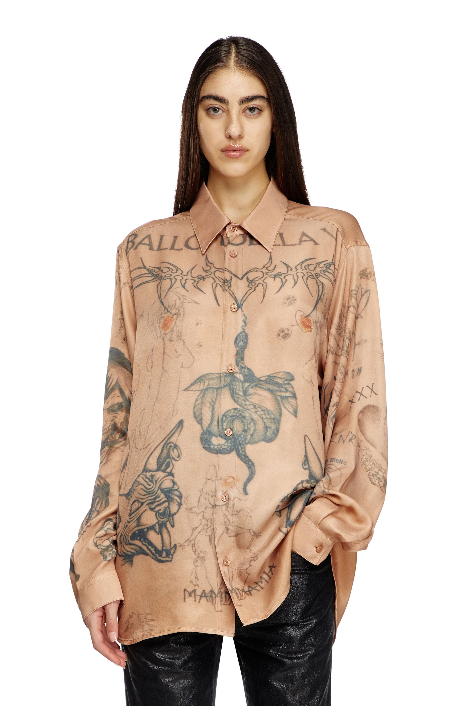 Diesel - S-SIMPLY-TTO-DD, Unisex Fließendes Shirt aus Satin mit Tattoo-Print in Beige - 6