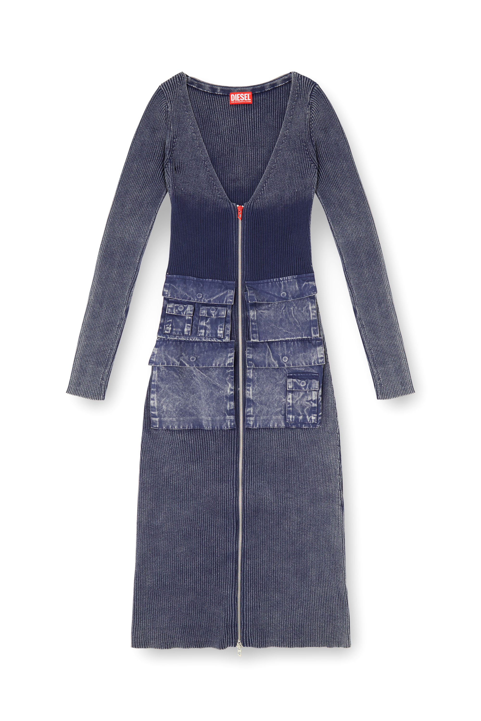 Diesel - M-MELTI-LS, Damen Geripptes Midikleid mit Denim-Behandlung in null - 3