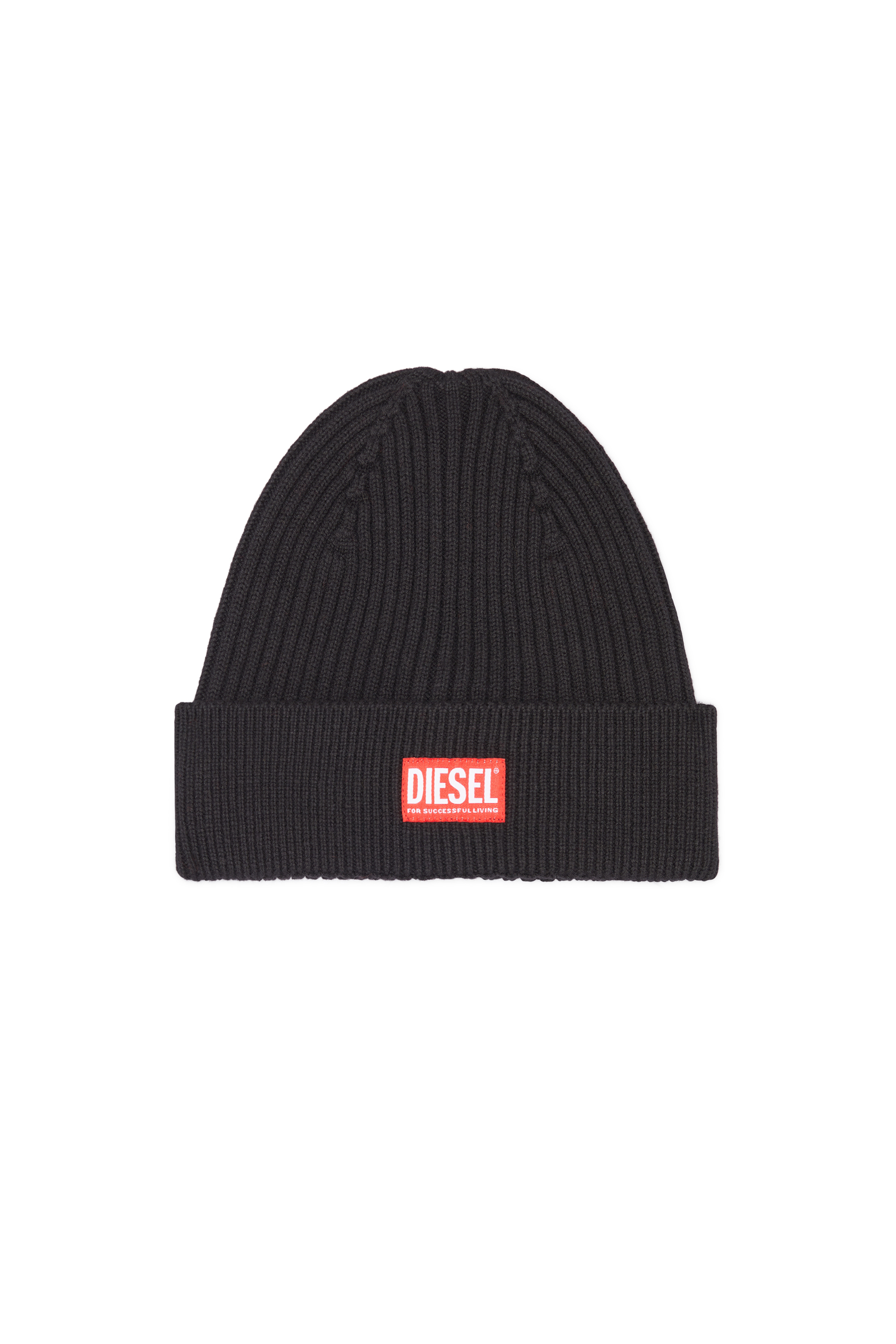 Diesel - K-CODER-H 2X2, Unisex Gerippte Beanie-M&uuml;tze mit Logo-Aufn&auml;her in Schwarz - 1