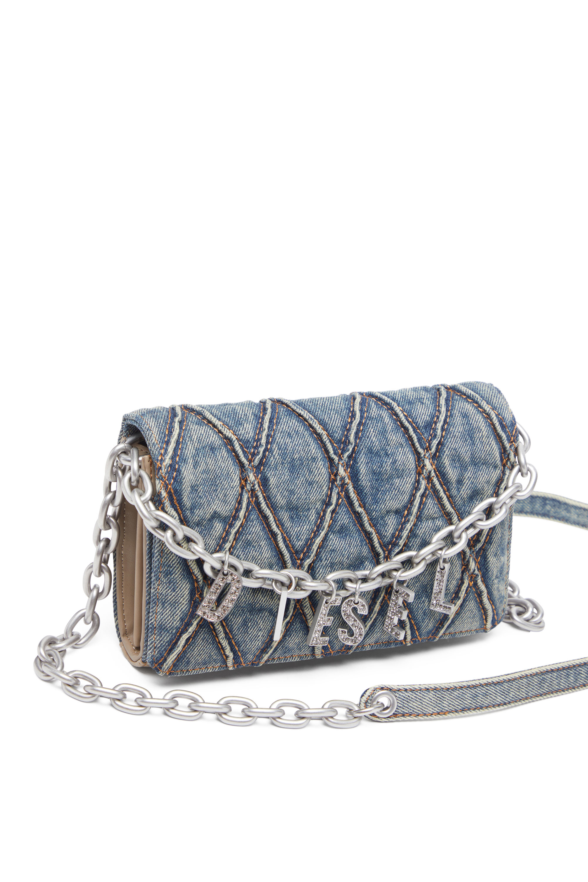 Diesel - CHARM-D WALLET STRAP, Damen Portemonnaie-Tasche aus gestepptem Argyle-Denim in Blau - 5