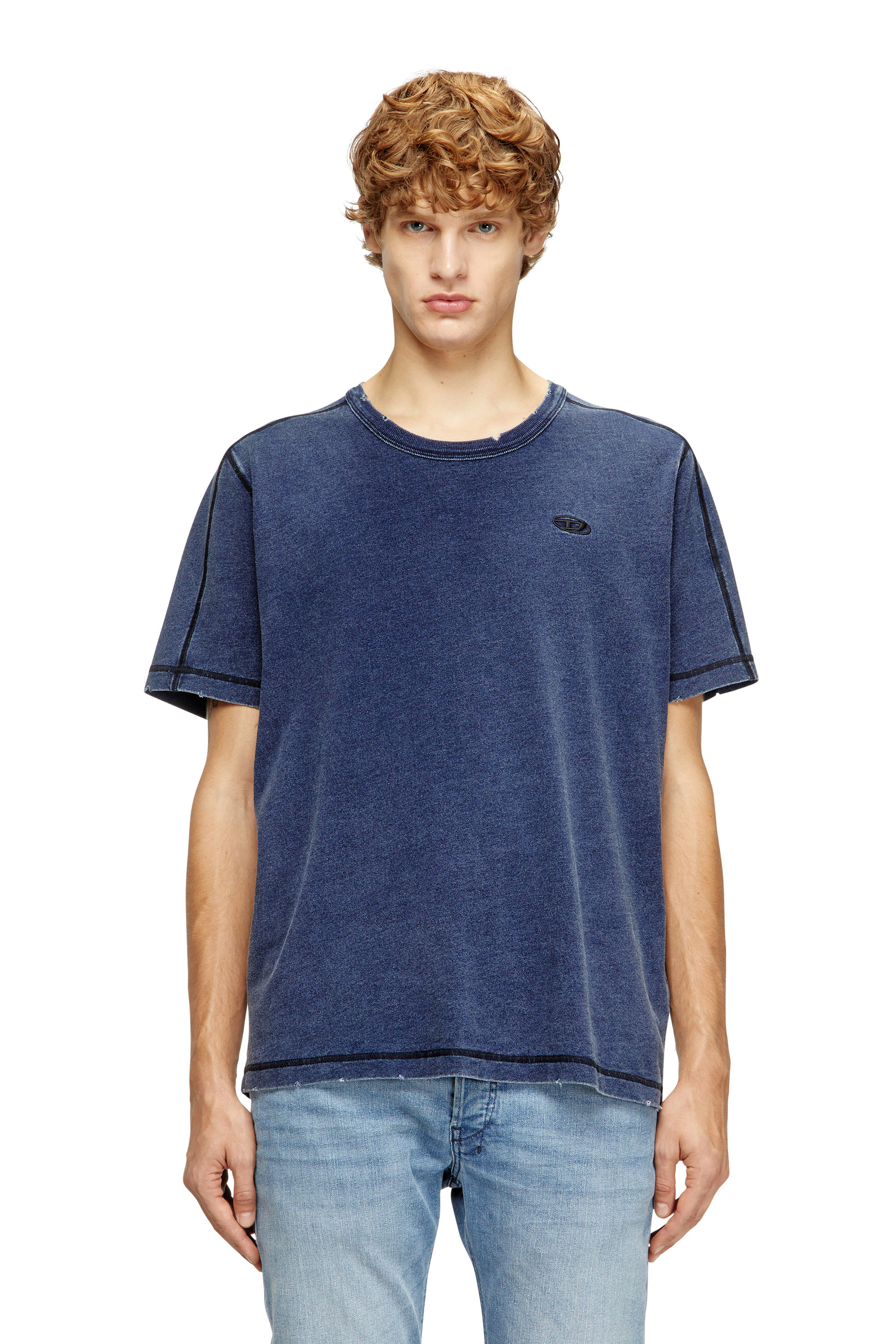 Diesel - T-ADJIND-NEW, Herren Distressed T-Shirt mit Denim-Effekt in Blau - 1