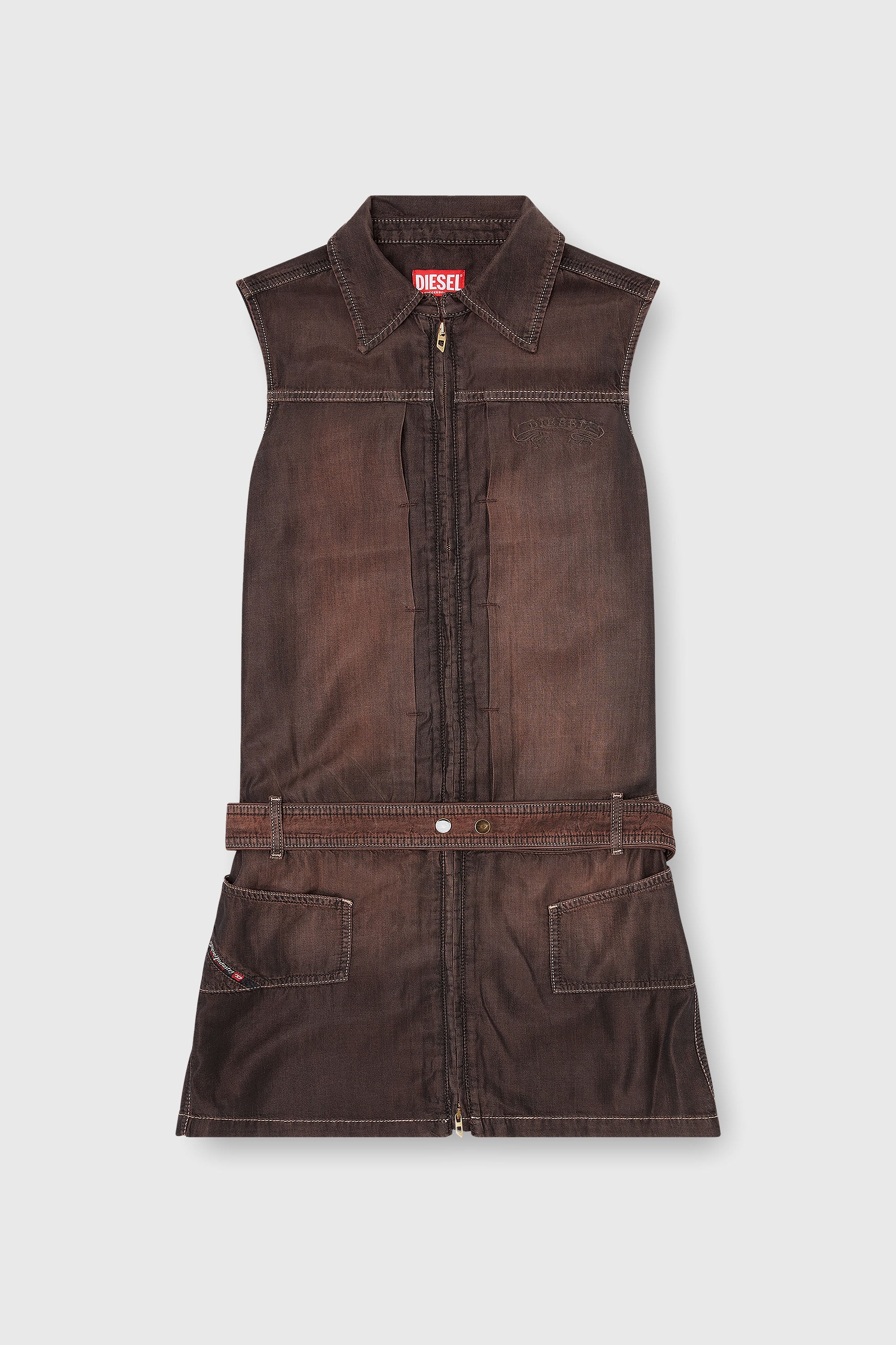 Diesel - DE-EDROS-S, Damen Minikleid aus flie&szlig;endem beschichtetem Denim in Braun - 1