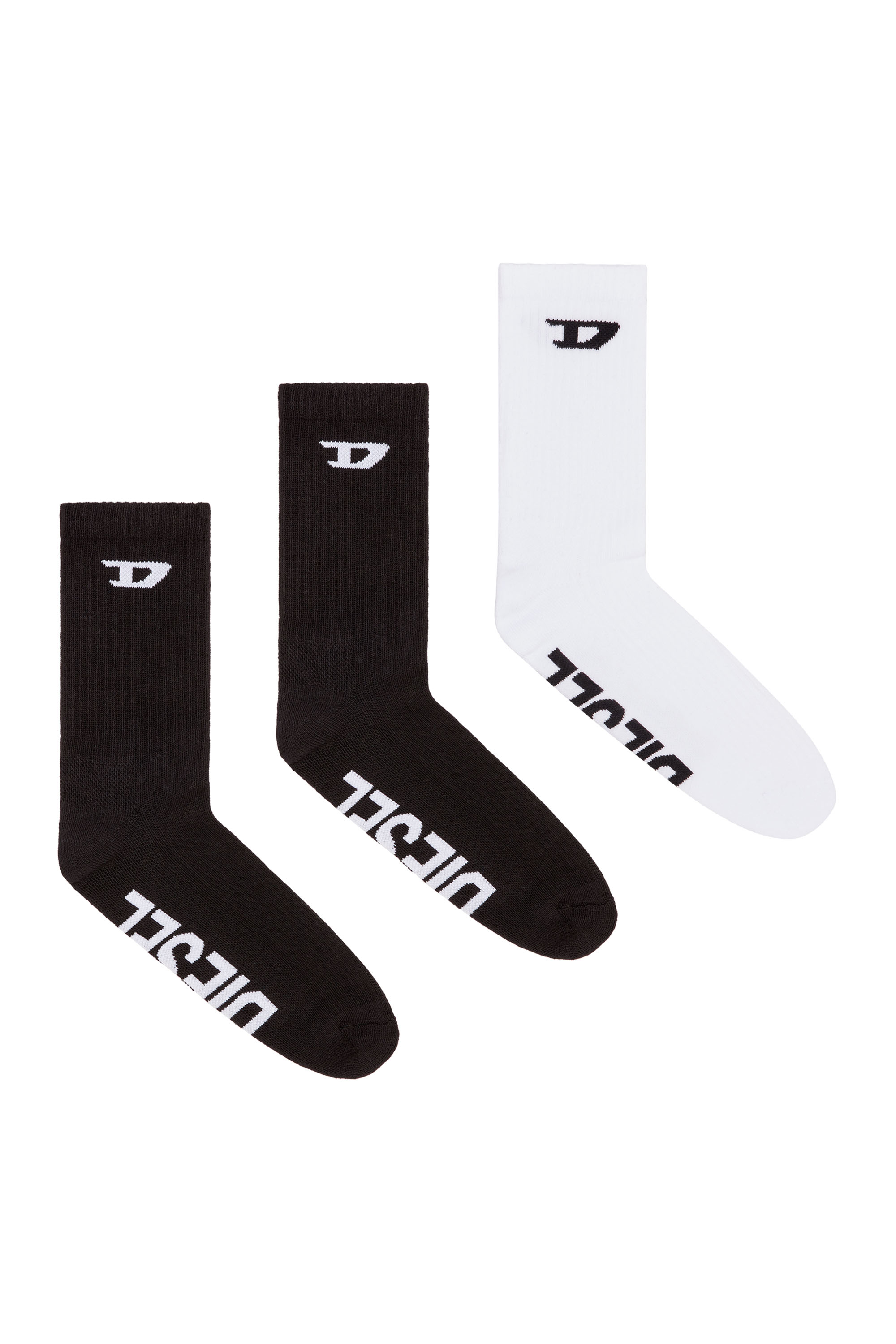 Diesel - SKM-D-CREW-SPORT-SOCKS, Herren Rippsocken mit D-Logo im Dreierpack in Schwarz/Weiss - 1