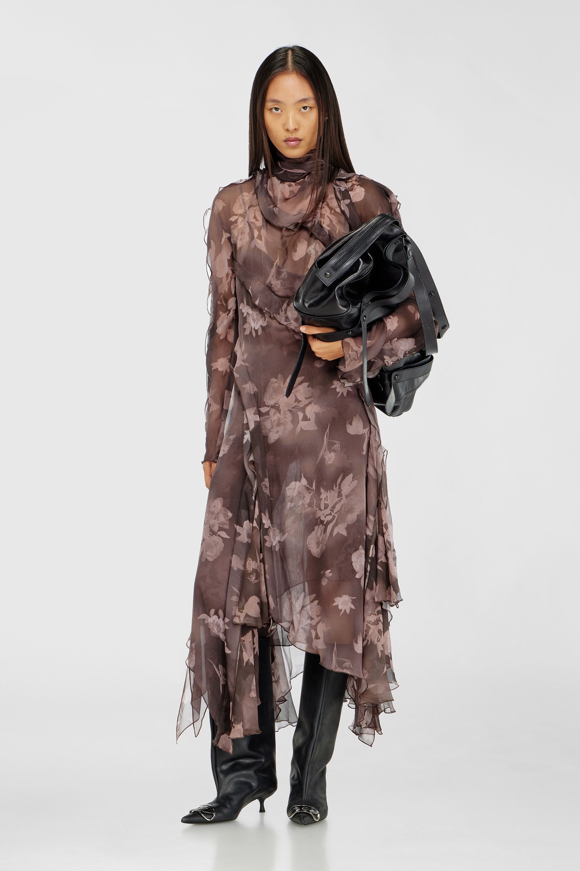 Diesel - D-RIADI, Damen Asymmetrisches Midikleid aus Chiffon und Seiden-Cr&ecirc;pe in Braun - 2