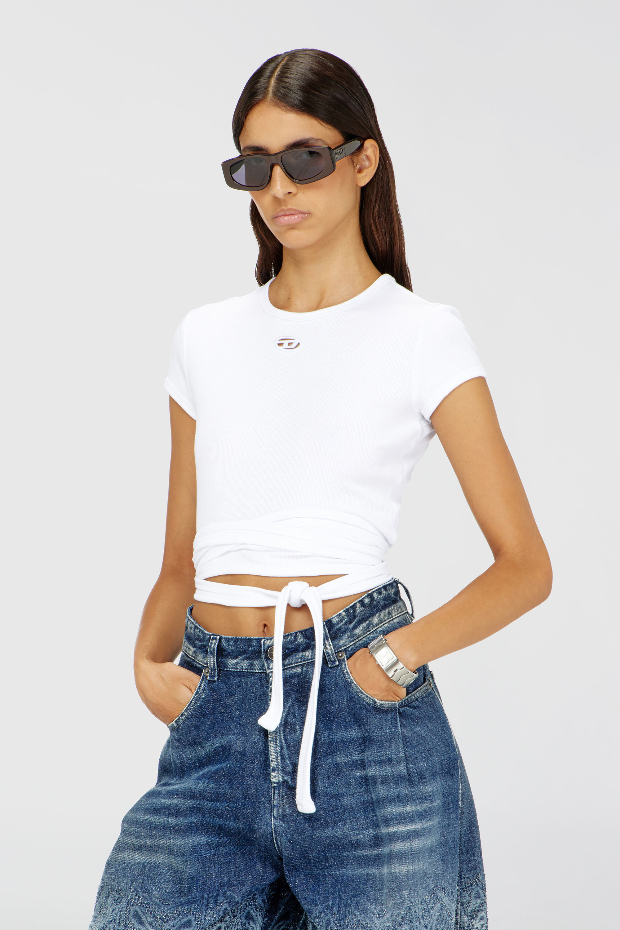 Diesel - T-BUNNY-TAIL-S1, Damen Geripptes Top mit Wickelschn&uuml;ren in Wei&szlig; - 3