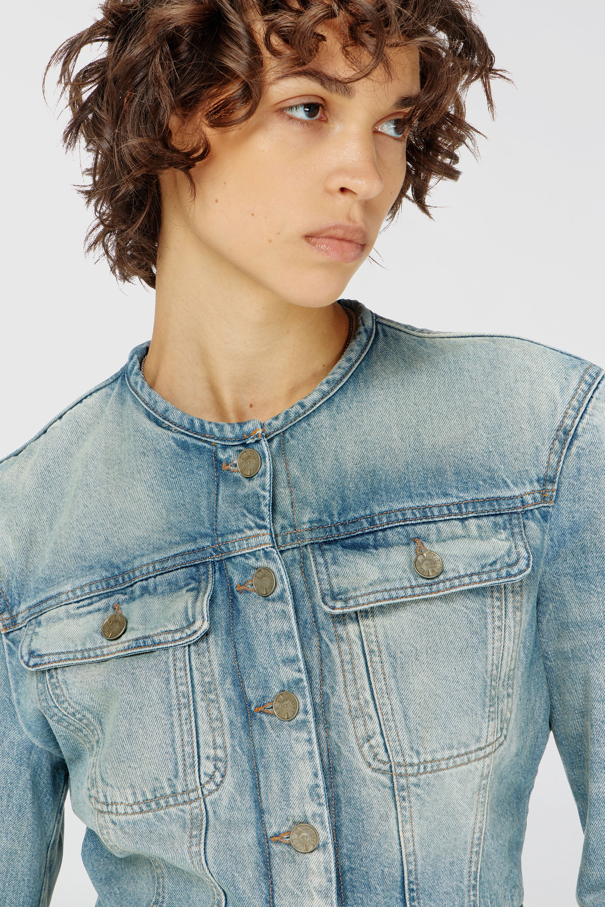Diesel - DE-CALION-S1, Damen Kragenlose Jeansjacke in Hellblau - 5