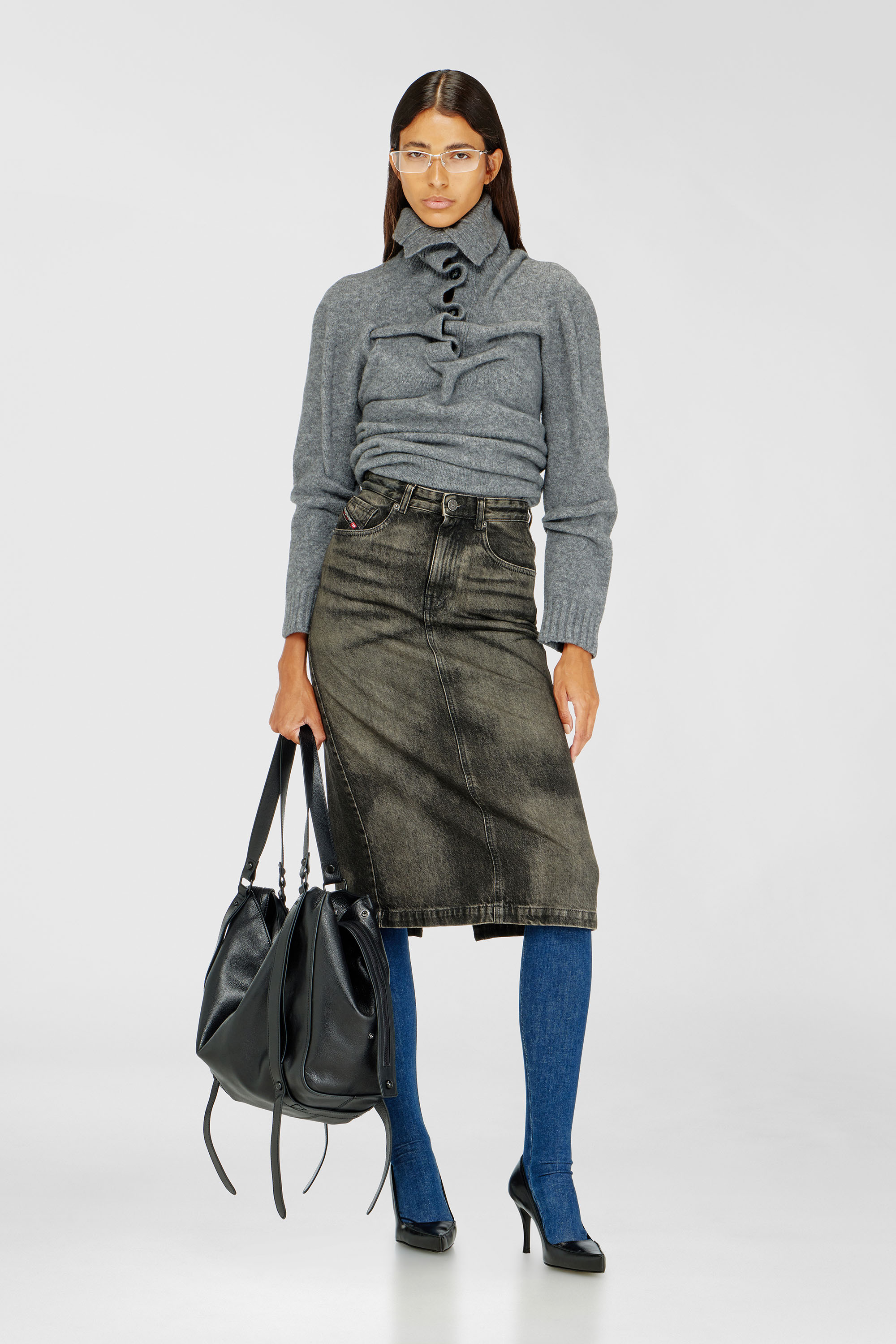 Diesel - DE-PENDY-FSJ, Damen Bleistiftrock aus Denim mit Dirty-Effekt in Schwarz/Dunkelgrau - 1