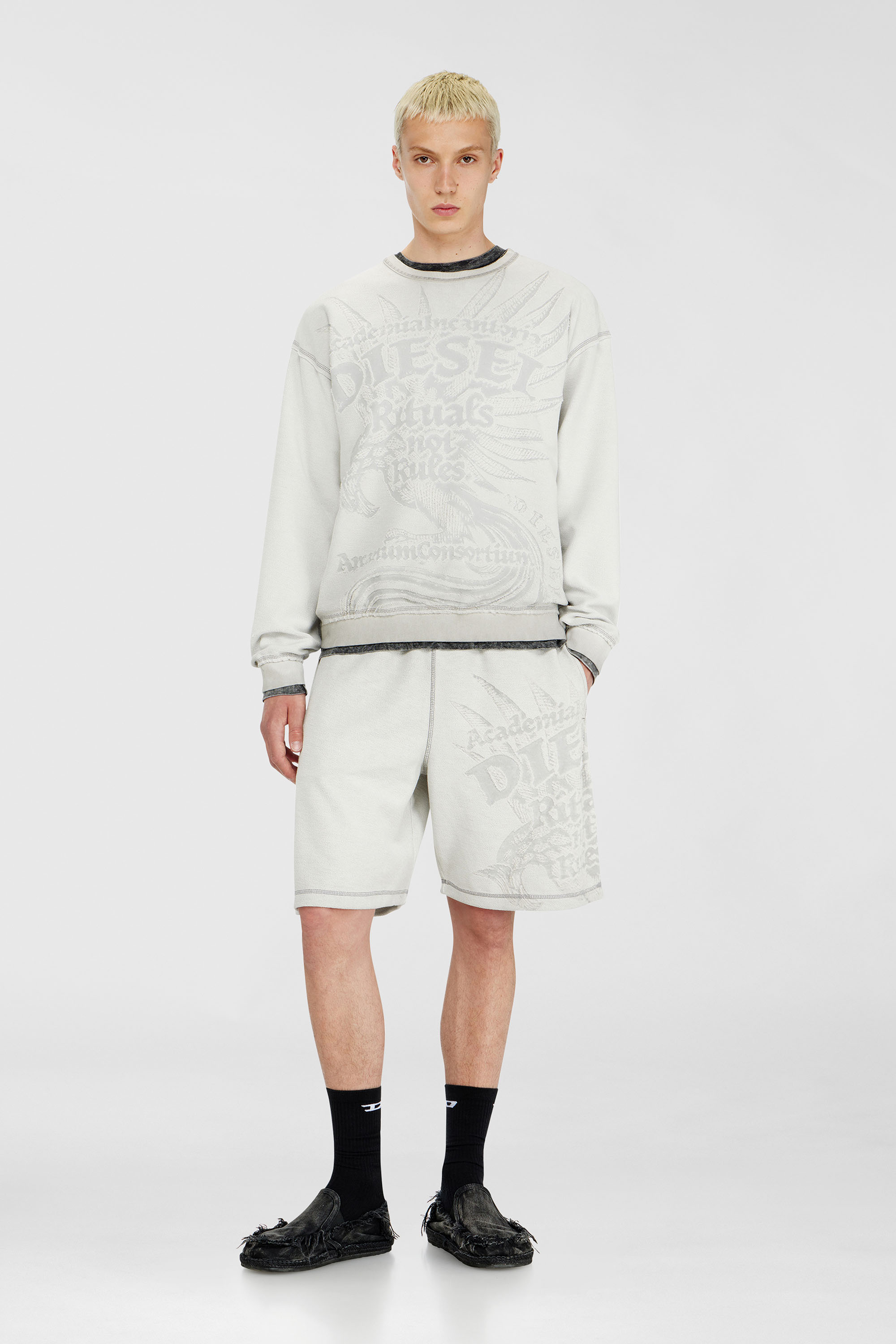 Diesel - P-RAWCROW, Man's Sweatshorts with d&eacute;vor&eacute; motifs in Light Grey - 1