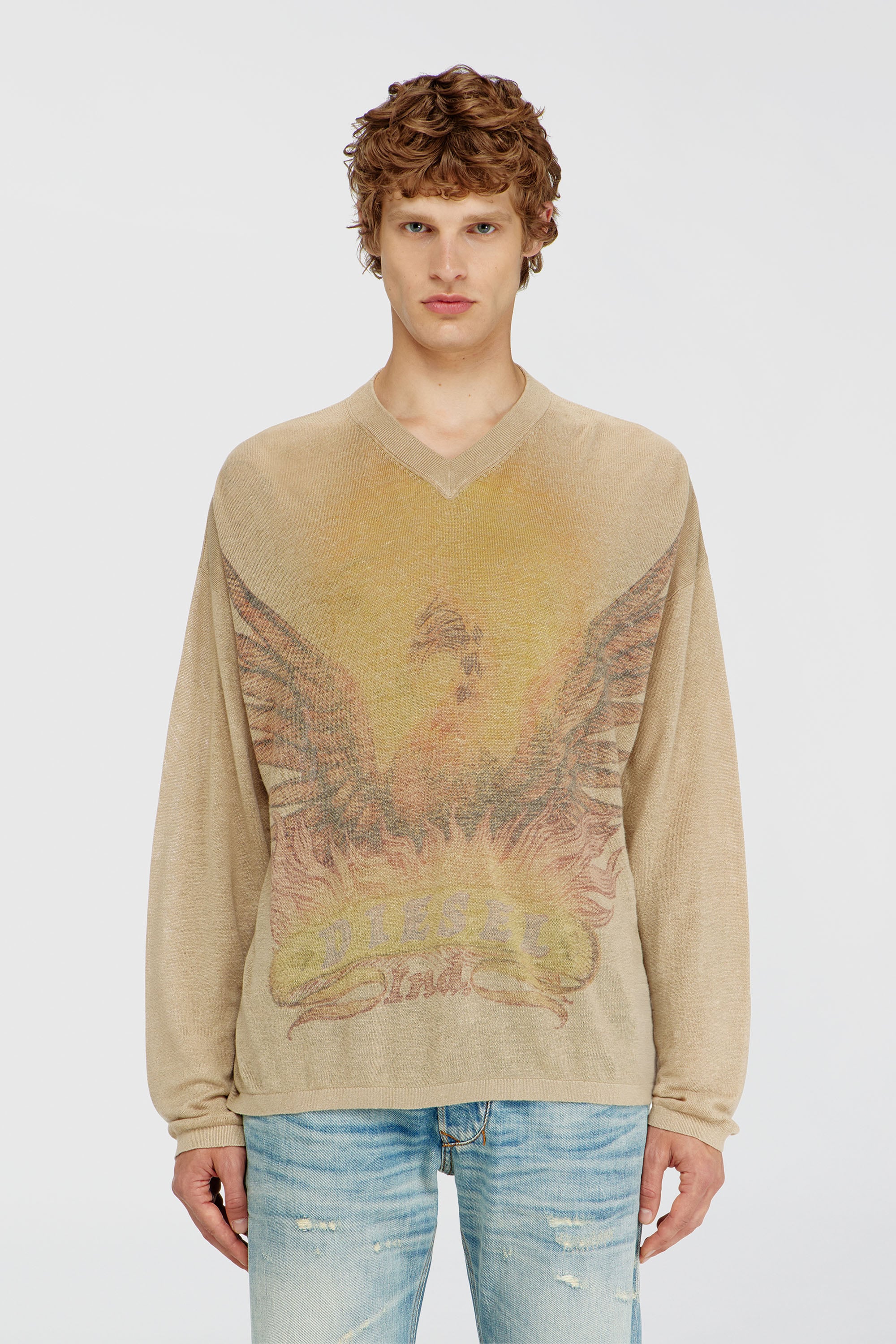 Diesel - K-ARMINS, Herren Leinenpullover mit verblasstem Phoenix-Print in Beige - 1