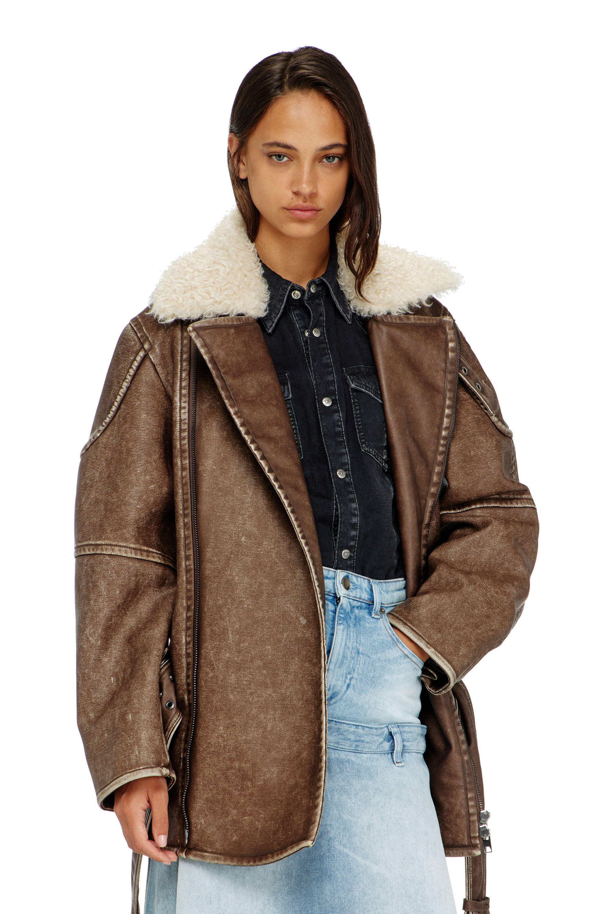 Diesel - G-EYSER, Damen Doppelreihiger Aviator-Biker-Mantel in Braun - 5