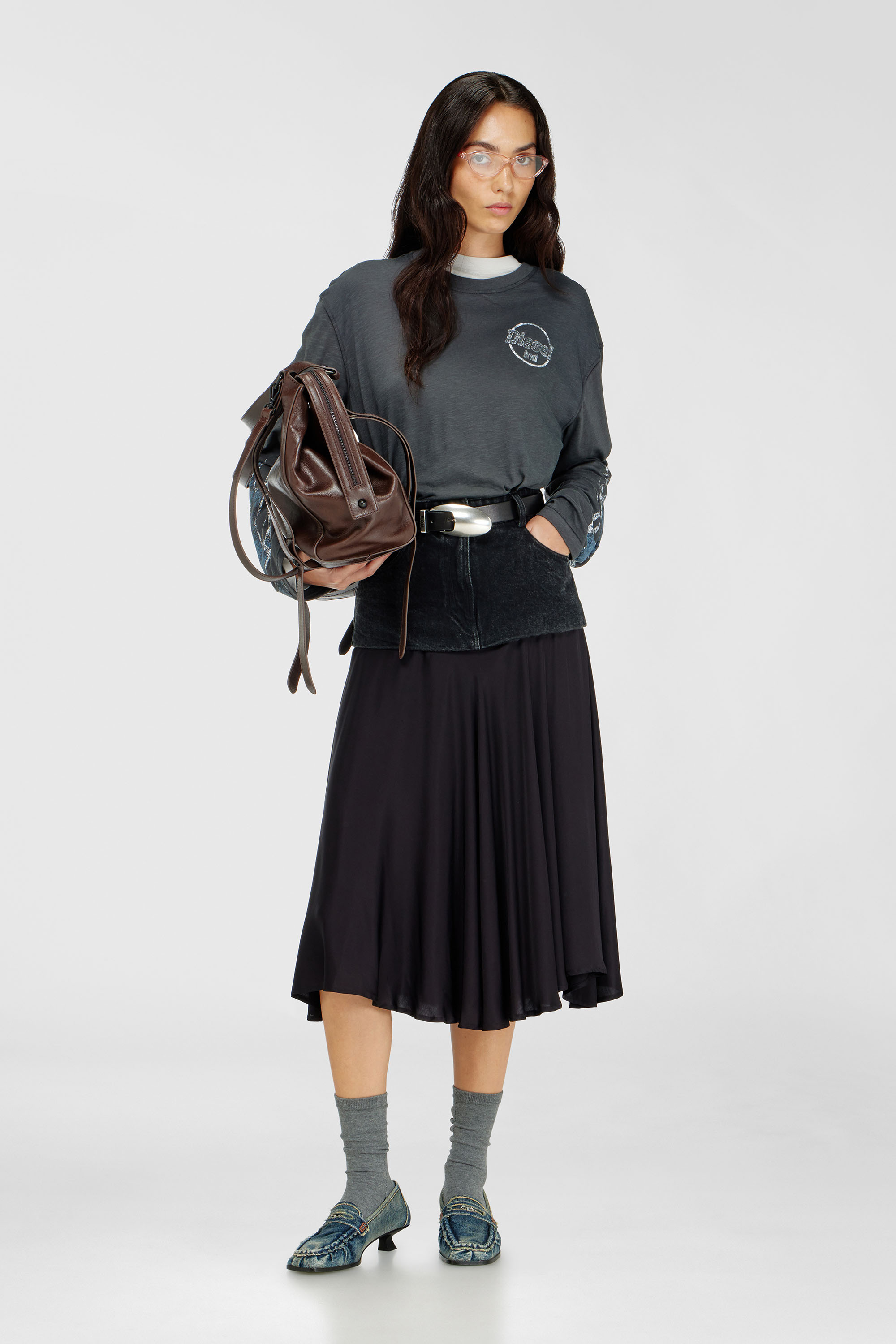 Diesel - T-HILARY-LS-B3, Damen Langarm-T-Shirt aus Slub-Jersey mit crack print in Dunkelgrau - 1