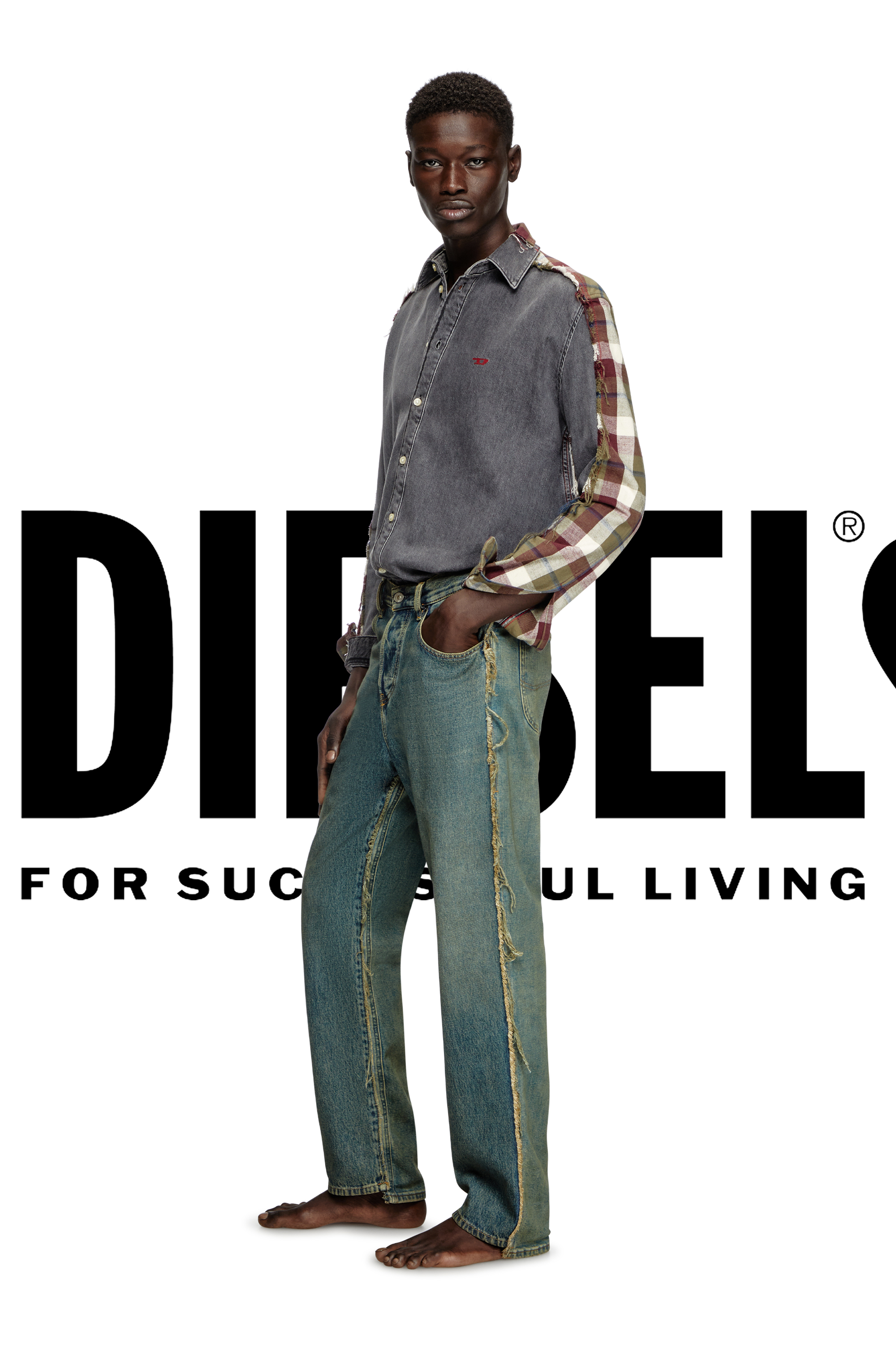 Diesel - Shirt Dieseloves 7A, Unisex Denim und Karo-Hemd in Grau/Rot - 3